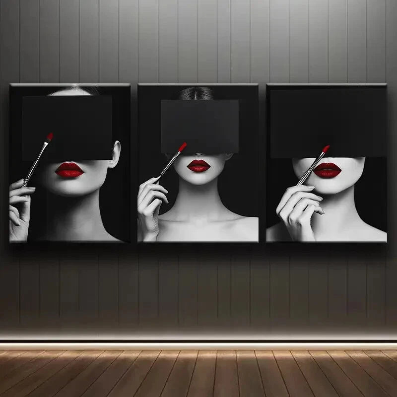 3-Piece 'Woman in Red Lipstick' Darkness Themed Wall Art Set - Framed Canvas 40x60cm (16x24in) | High-Quality Australian-Made Prints | Ready to Hang | Perfect for Living Room, Bedroom & Office Decor