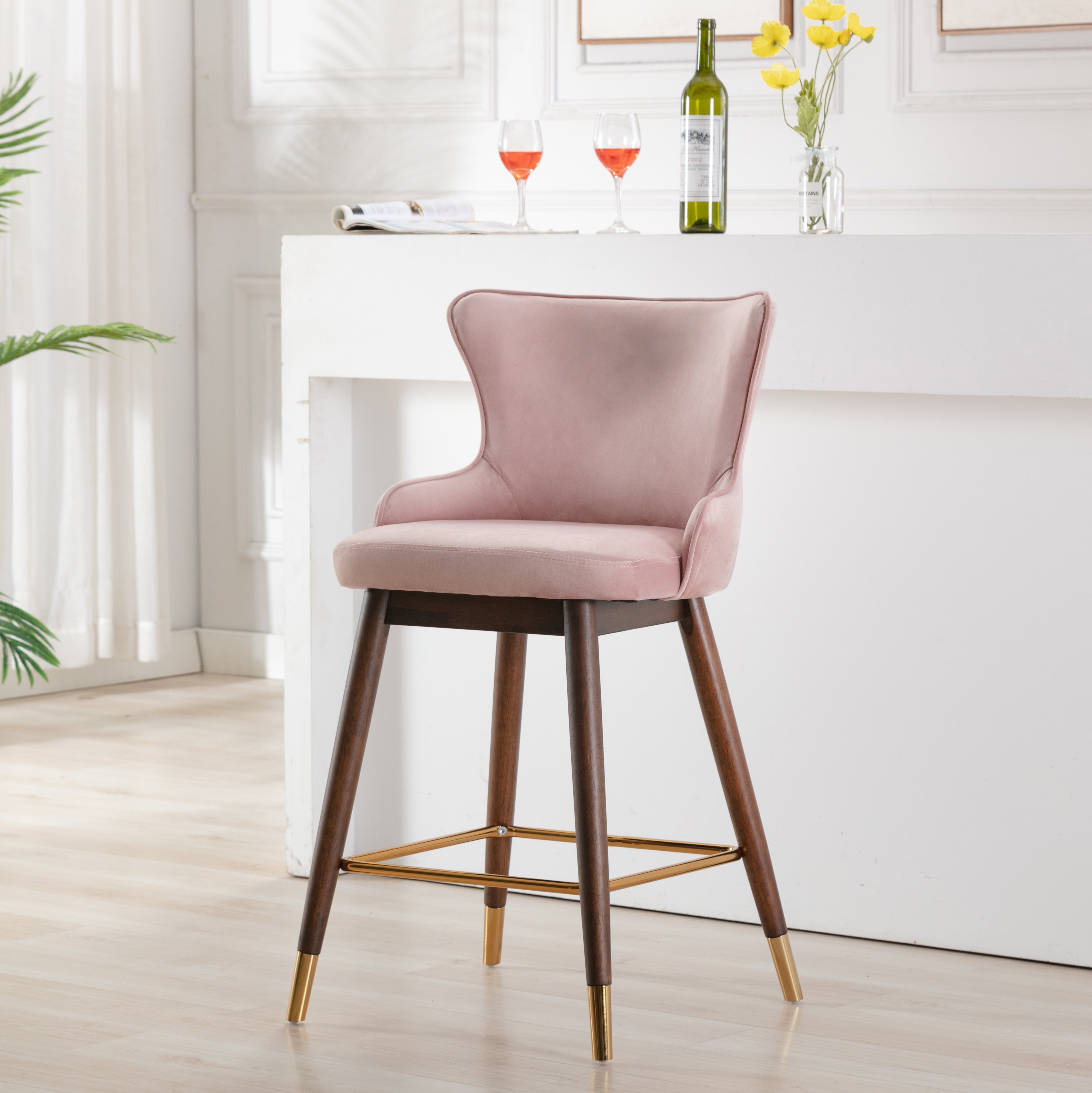 Roundhill Furniture Leland Fabric Upholstered Counter Height Wingback Bar Stools, Pink - Set of 2 for Kitchen Island, Breakfast Nook & Home Decor