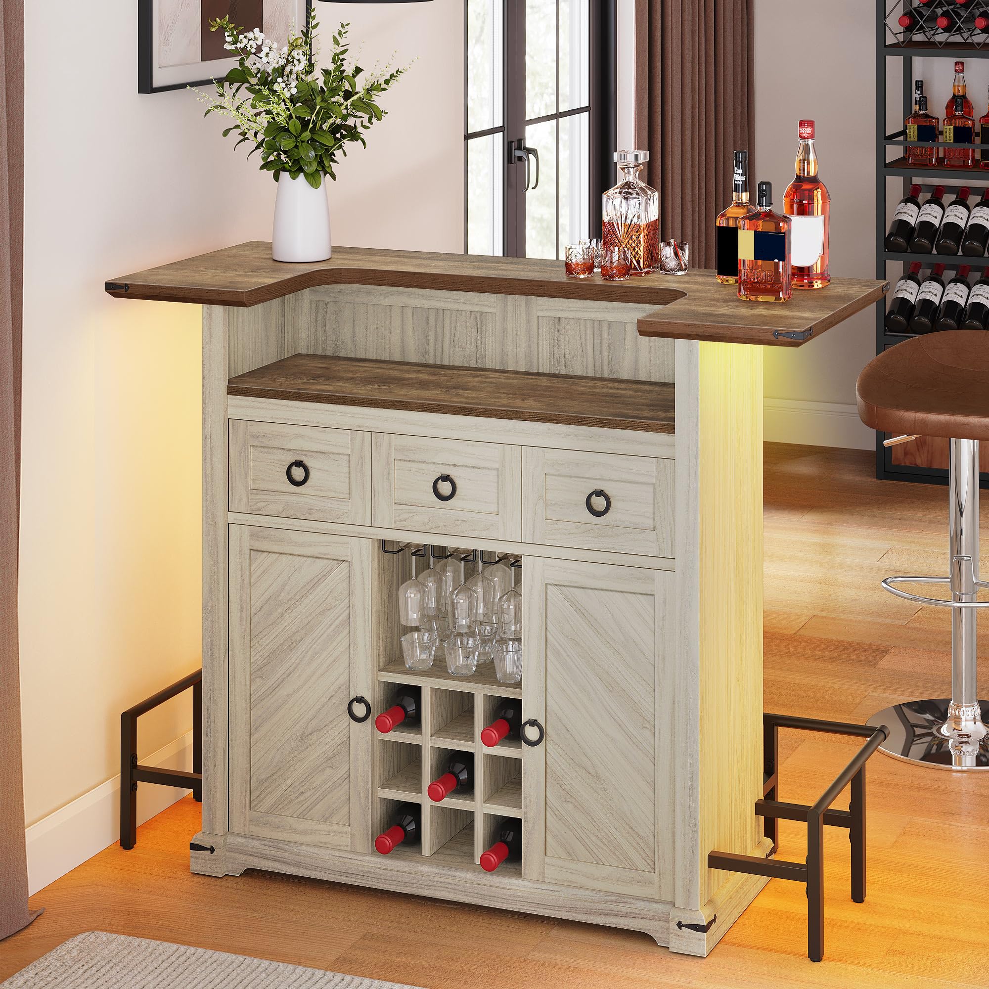 YITAHOME Farmhouse Bar Cabinet with LED Lights, Drawer & Wine Storage - Home Bar Unit with Glasses Holder & Footrest for Living Room, Kitchen, Dining Room - Off White & Walnut Grain Mini Bar Set