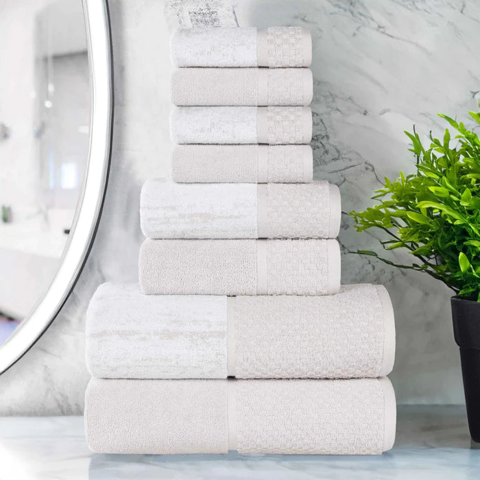 Premium 8-Piece Cotton Plush Jacquard Towel Set - Soft & Absorbent Solid & Two-Toned Bath Towels for Luxury Spa, Bathroom & Guest Use