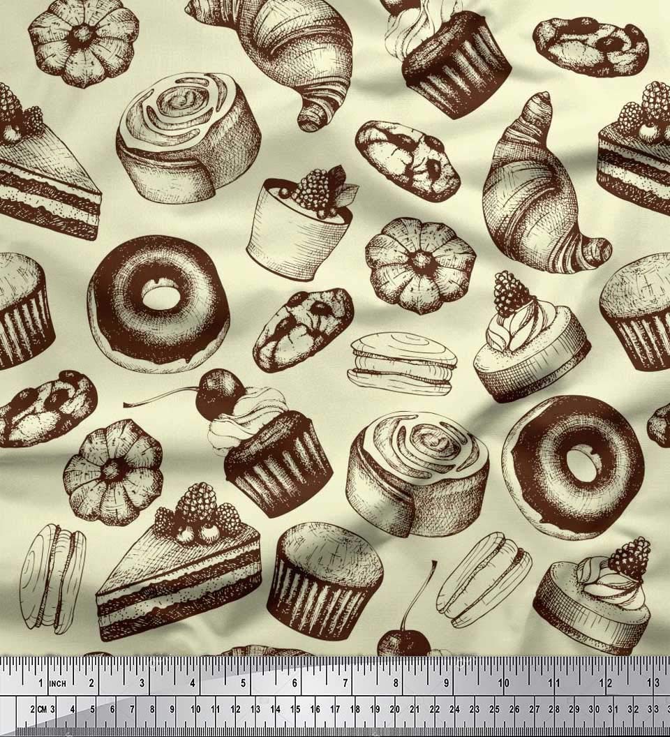 Soimoi 42 Inch Wide Poly Georgette Yellow Fabric by The Yard - Cupcake, Donut & Cookies Food Print for DIY Crafts, Quilting, Dressmaking & Home Decor Projects - Whimsical & Delightful Printed Fabric