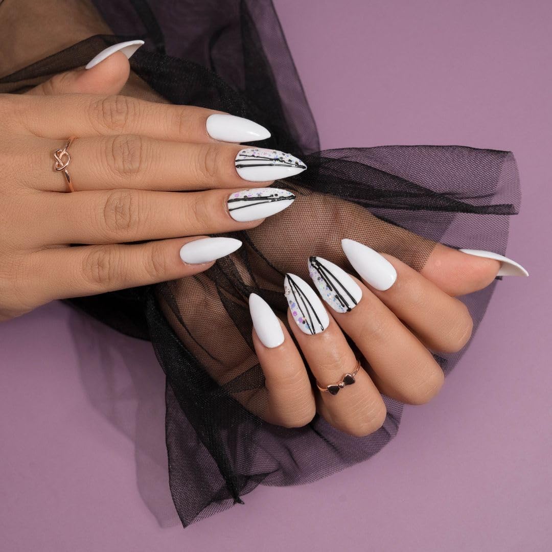 Premium Fake Press-On Nails - White Unicorn Set of 20 | Reusable Full Coverage Artificial Nails with UV Gel Polish | Easy to Use Stick-On Nail Extensions for Both Hands | Perfect for Parties, Weddings, and Everyday Wear