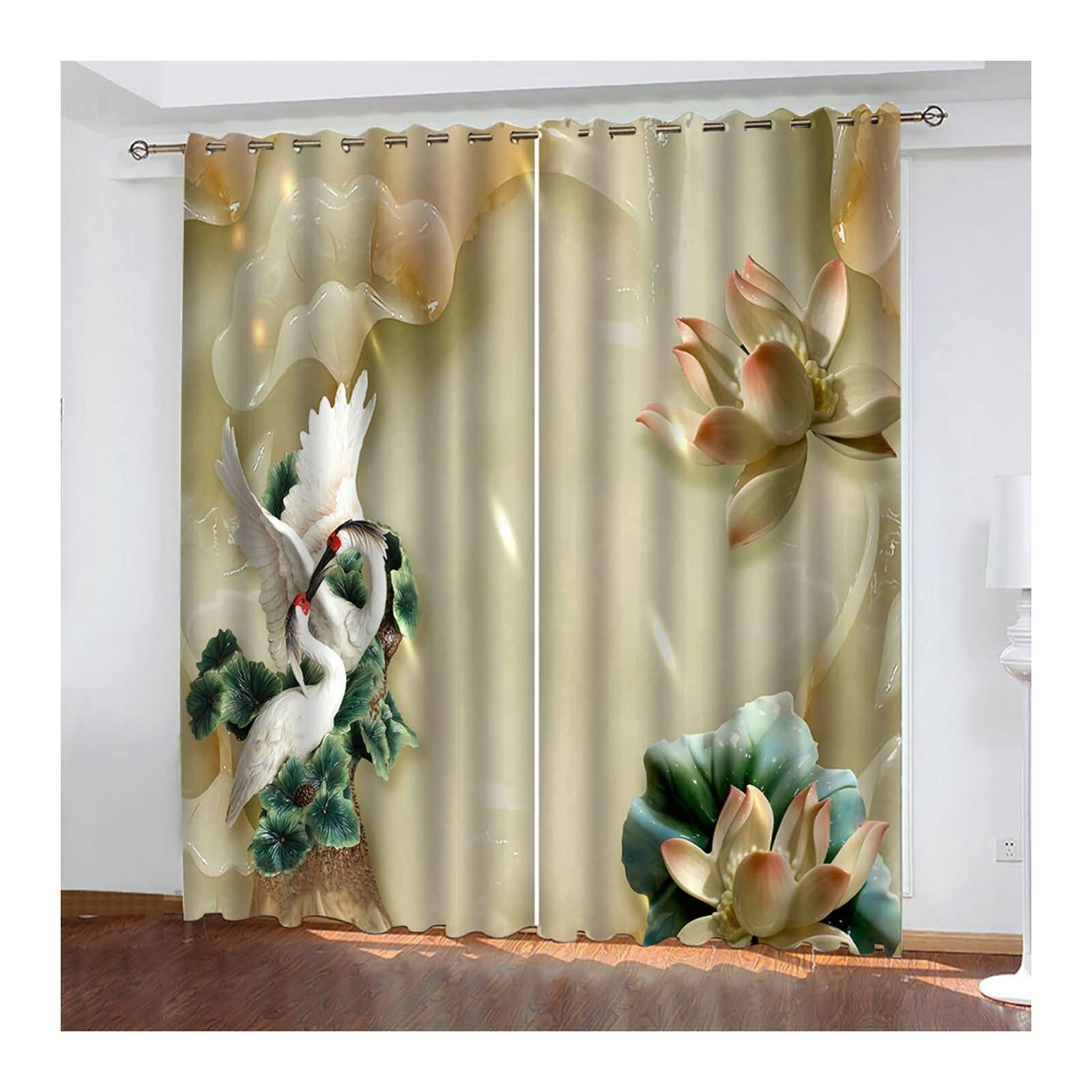 Daesar Polyester Blackout Curtains - Crane & Flower Print Room Darkening Drapes (84x96 Inches, 2 Panels) for Bedroom & Living Room | Thermal Insulated Window Treatment for Better Sleep & Privacy