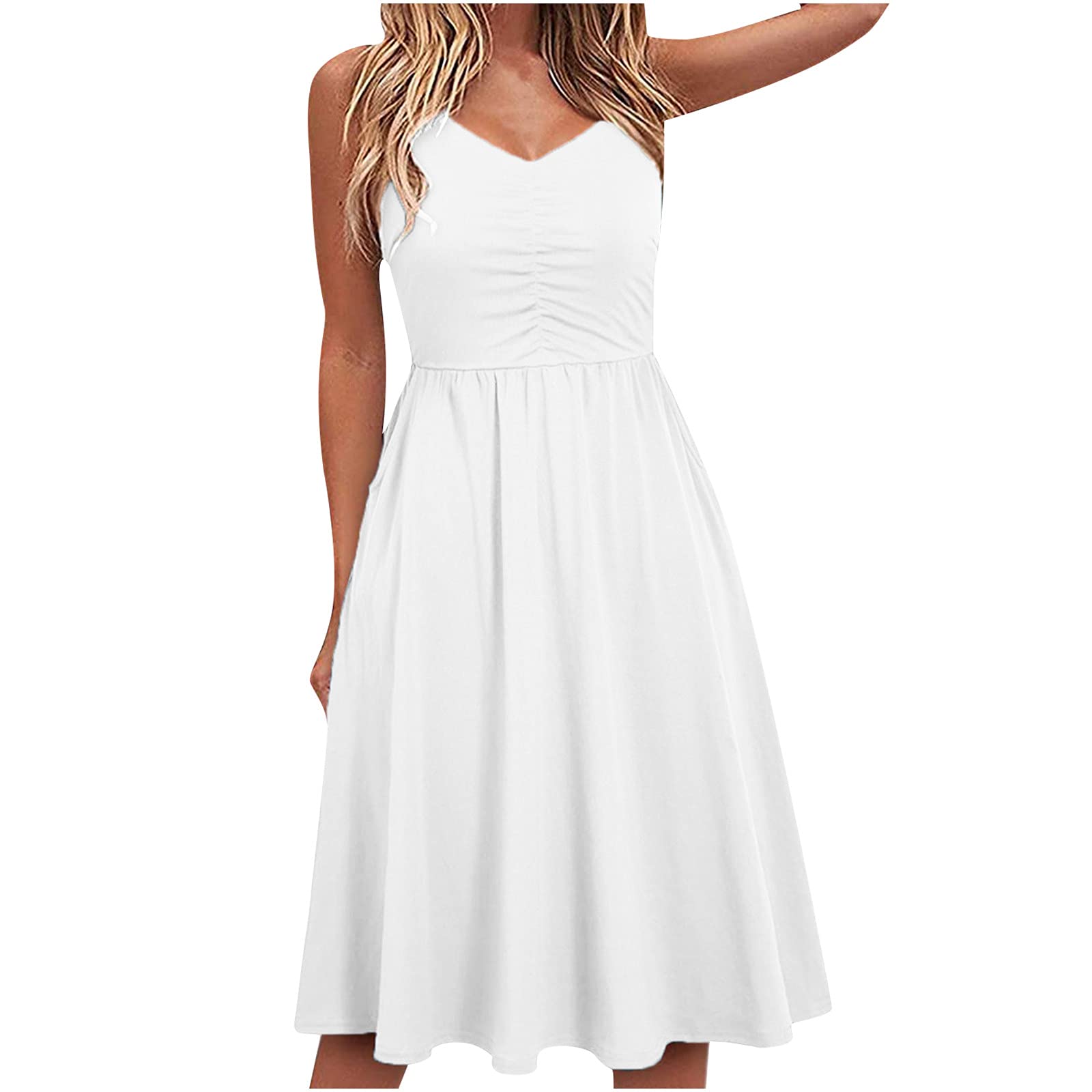 Women's Summer Beach Party Dress - Sleeveless V-Neck Midi Swing Dress, Casual Solid Color Seaside Sling Dress for Vacation, Poolside, and Tropical Getaways