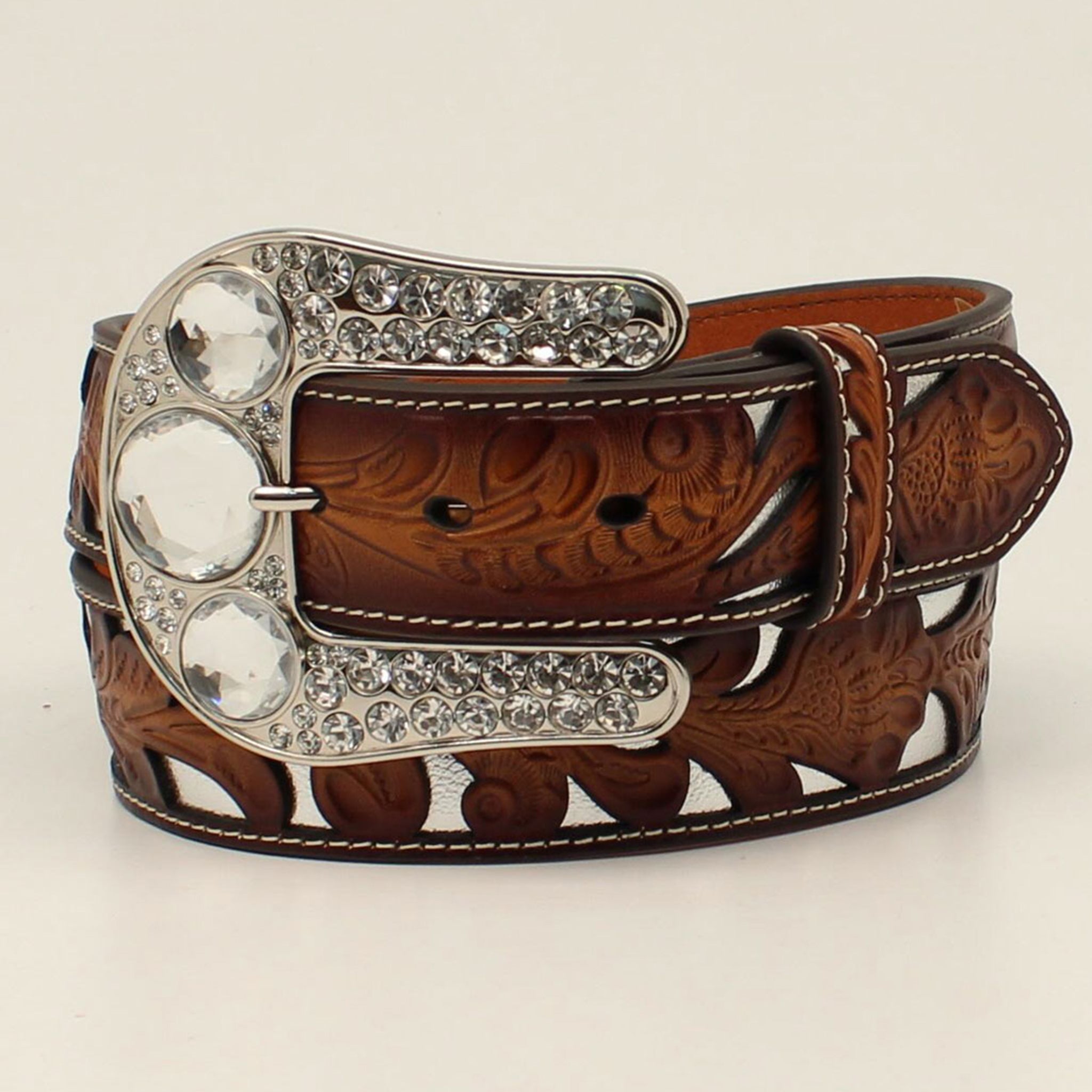 Angel Ranch Ladies Western Belt - Tan & Silver Floral Overlay Design for Women's Fashion | Perfect for Country Style Outfits, Rodeo Events and Boho Chic Looks