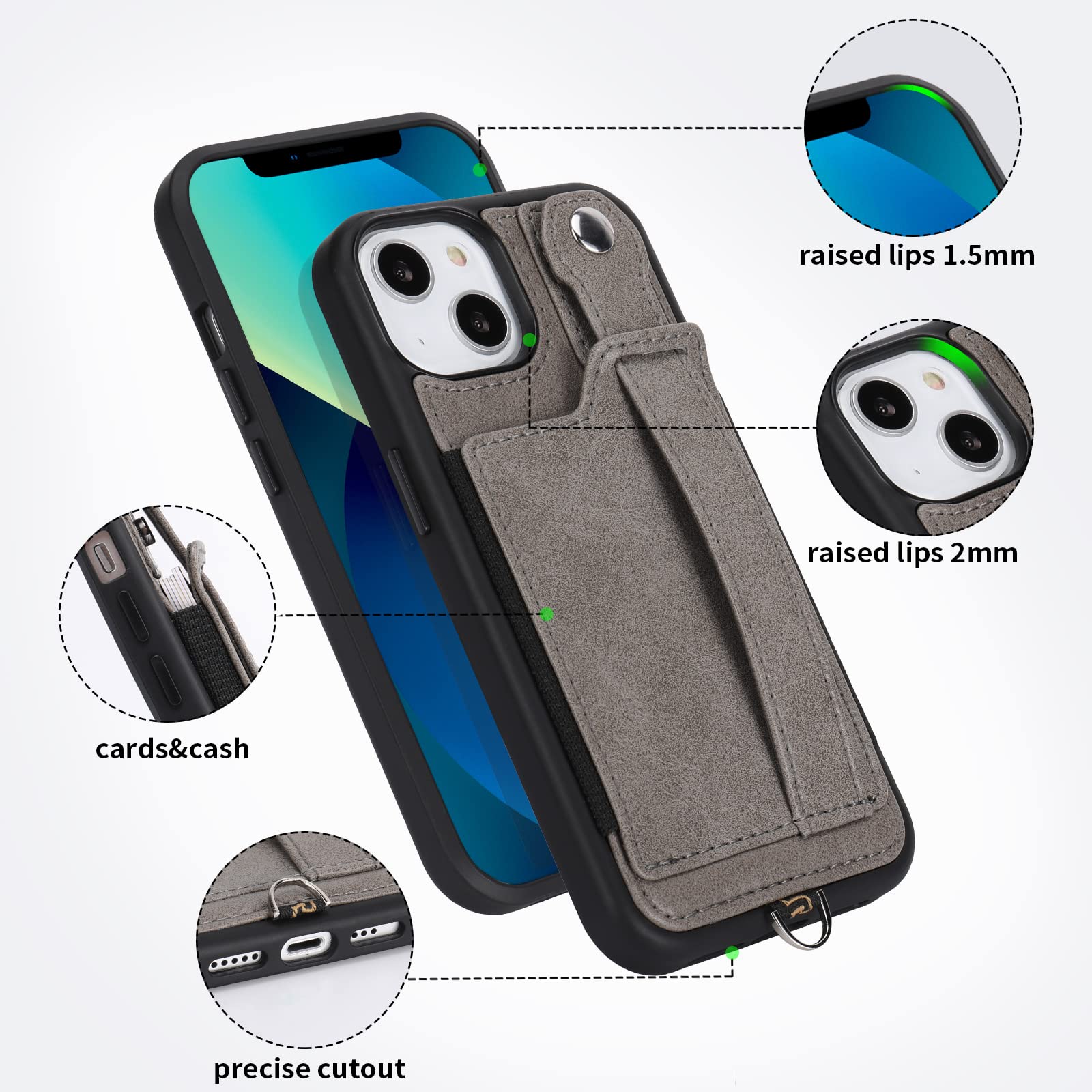 TOOVREN iPhone 13 Wallet Case with Card Holder & Phone Lanyard - PU Leather Protective Cover with Stand for iPhone 13 (6.1 Inch) - Slim Wallet Phone Case for Women & Men in Gray - Perfect for Travel, Shopping & Everyday Use