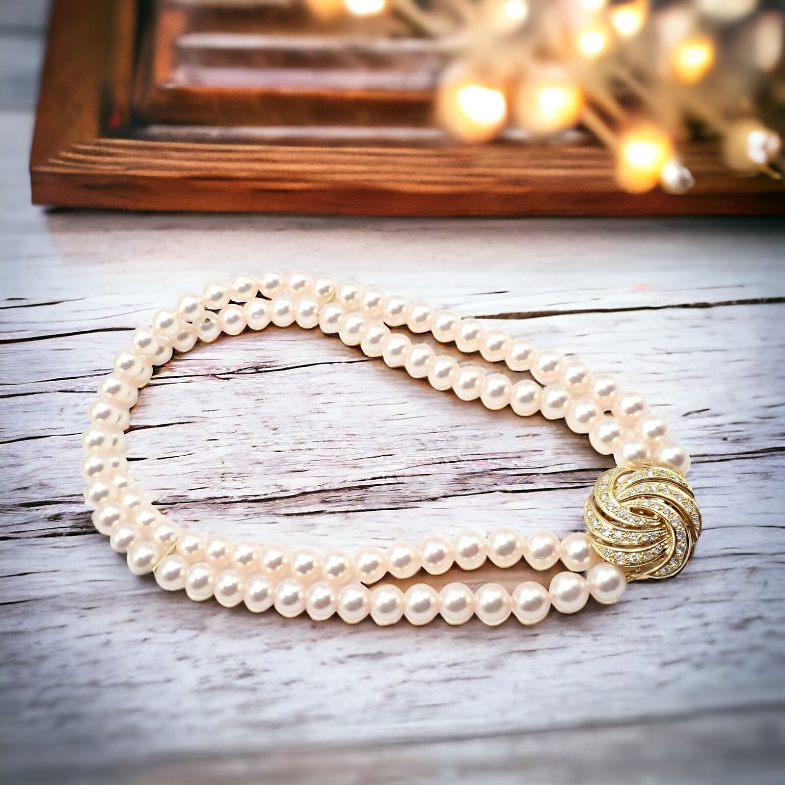 Authentic Mikimoto 18k Yellow Gold Diamond Double Strand 8mm Pearl Necklace - Elegant Jewelry for Weddings, Anniversaries & Special Occasions