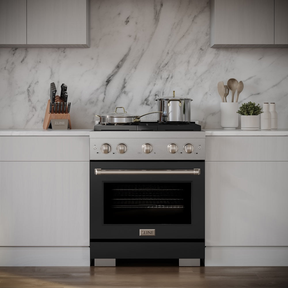 ZLINE 30-inch 4.2 cu.ft Stainless Steel Dual Fuel Range with 4-Burner Gas Cooktop & Electric Convection Oven - Matte Black Door (SDR BLM 30) - Perfect for Modern Kitchens & Professional Cooking