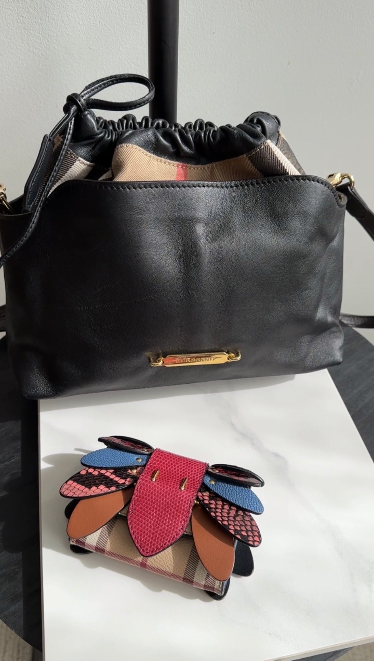 Burberry Black Leather and Check Little Crush Drawstring Bag - Luxury Crossbody Purse for Women, Fashionable Everyday Handbag for Work, Travel & Date Night