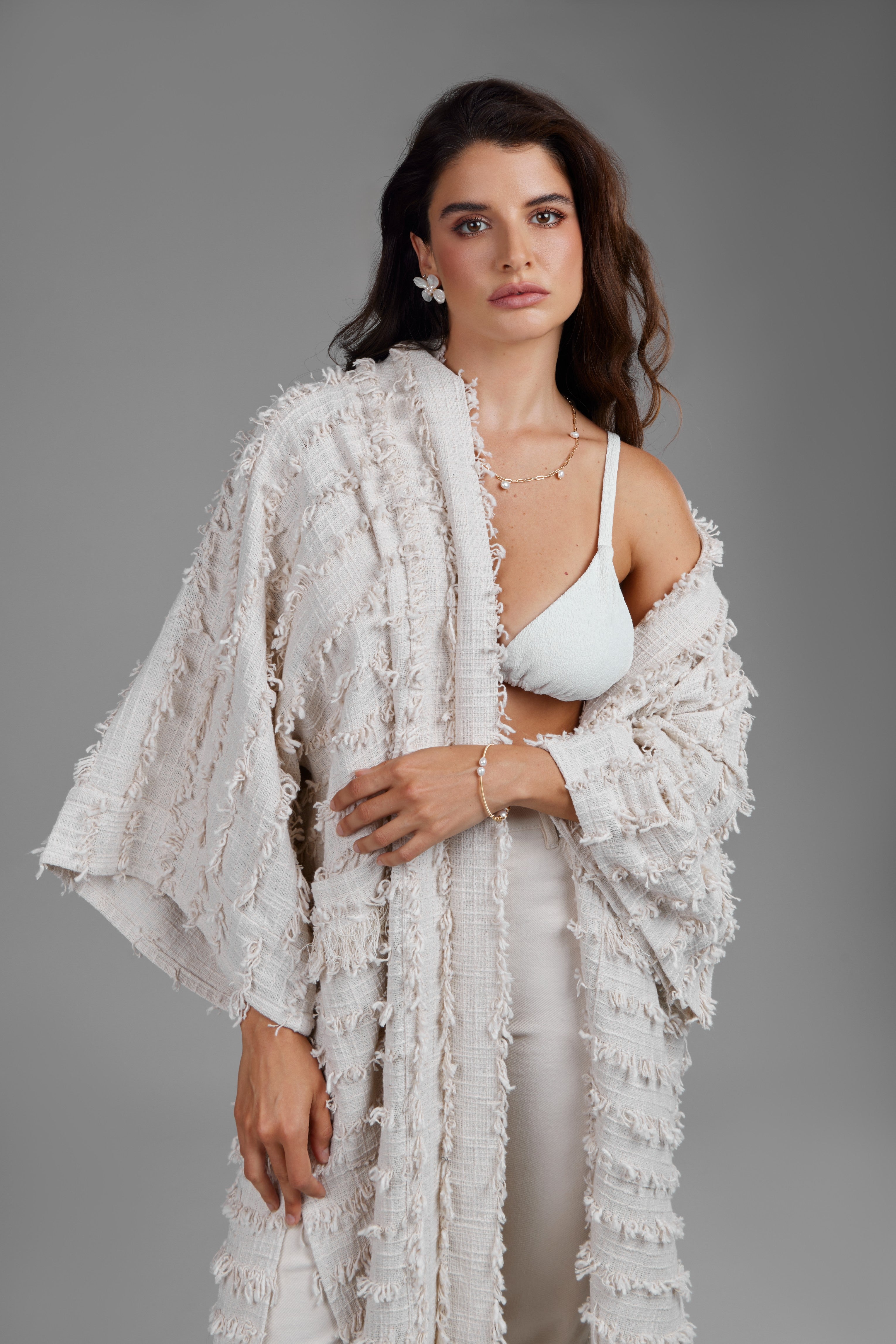 Ivory Fringe Long Jacket for Women - Boho Chic Outerwear Coat with Tassel Details | Perfect for Music Festivals, Date Nights & Fall Layering