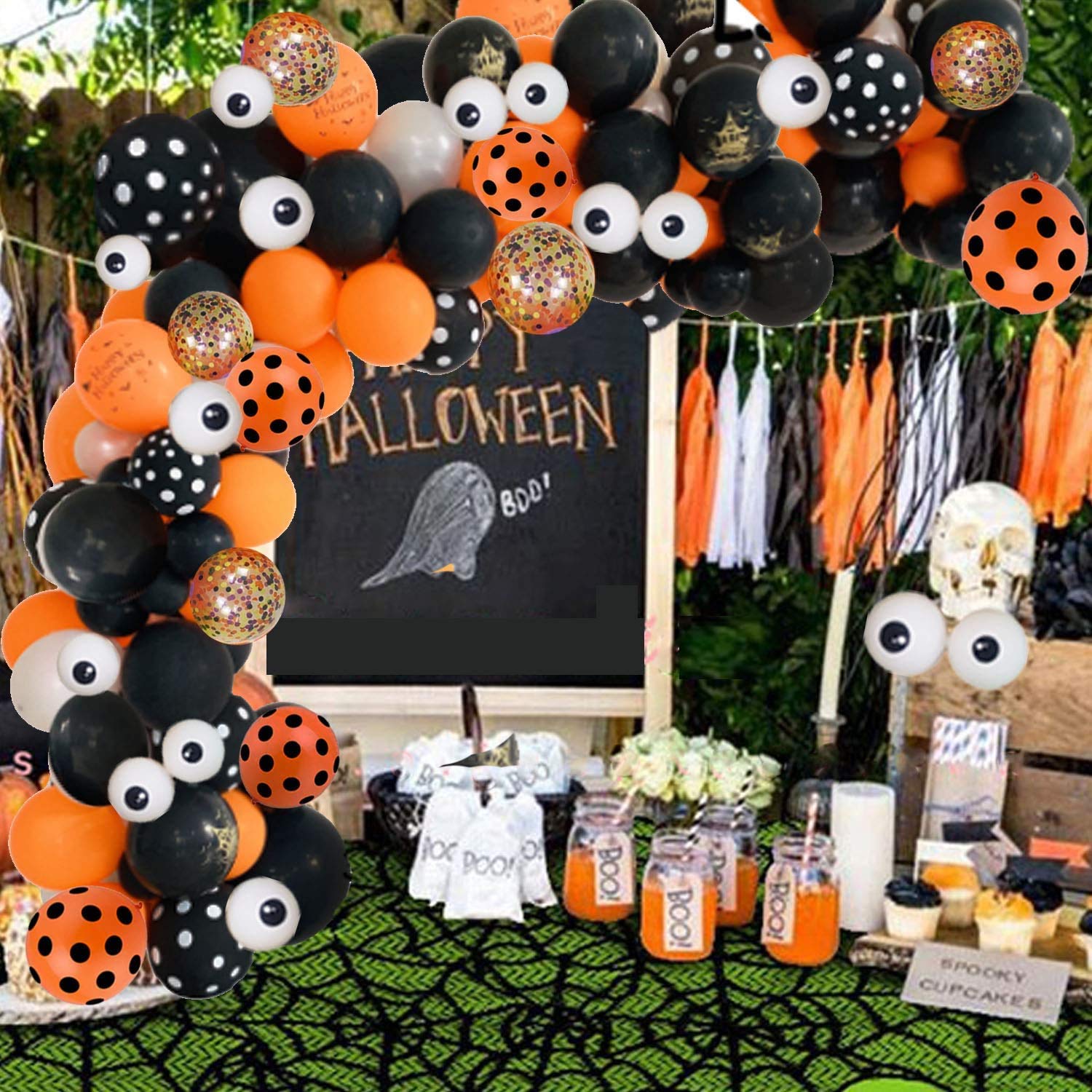 132-Piece Halloween Balloon Garland Arch Kit with Spider Web, Black, Orange & Metallic Silver Balloons - Perfect for Halloween Party Decorations, Photo Backdrops & Spooky Home Decor