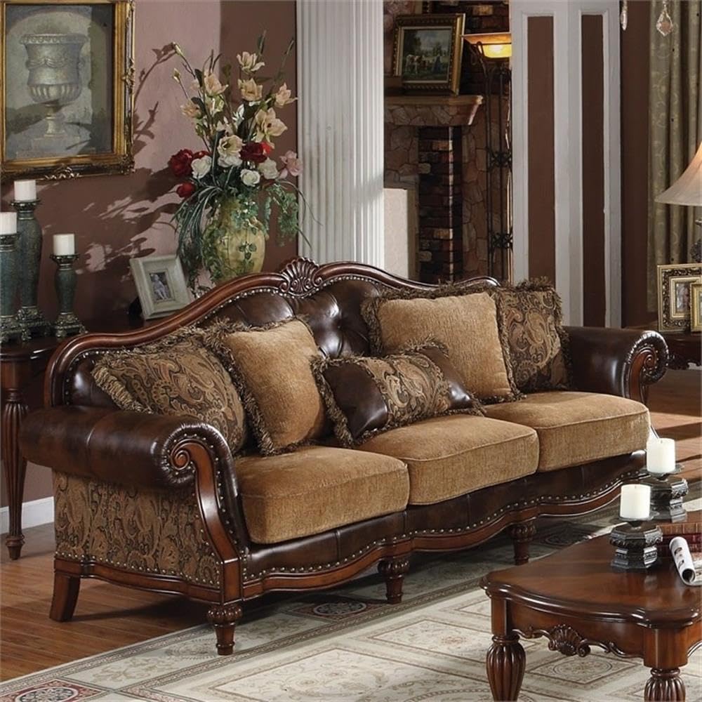 Acme Dreena Rolled Arm Faux Leather Sofa - Brown Upholstered Couch with 5 Decorative Pillows | Modern Living Room Furniture for Small Spaces & Apartments