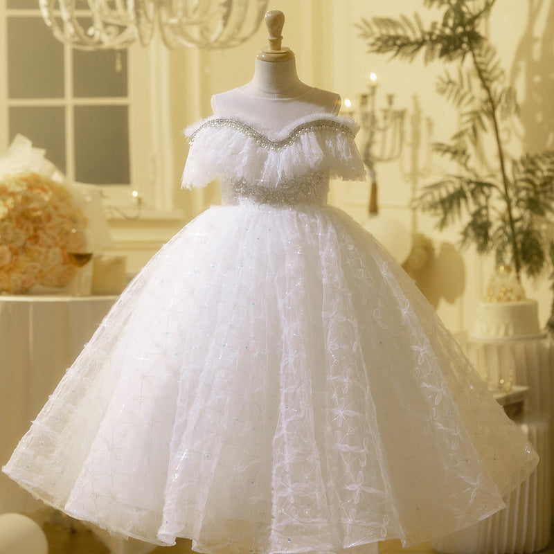 Elegant White A-Line Princess Flower Girl Dress with Lace & Tulle – Perfect for Weddings, Pageants & Special Occasions