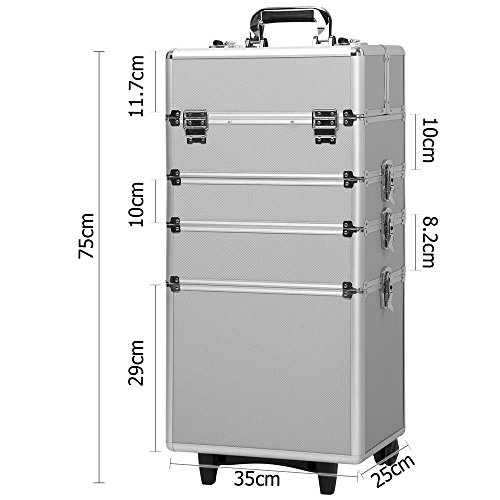 ANEUHS 4-in-1 Professional Aluminum Makeup Train Case with Wheels - Rolling Cosmetic Organizer for Beauty Artists & Stylists - Travel Makeup Storage Box (Silver) | Perfect for Salon, Home Use & On-the-Go Makeup Artists