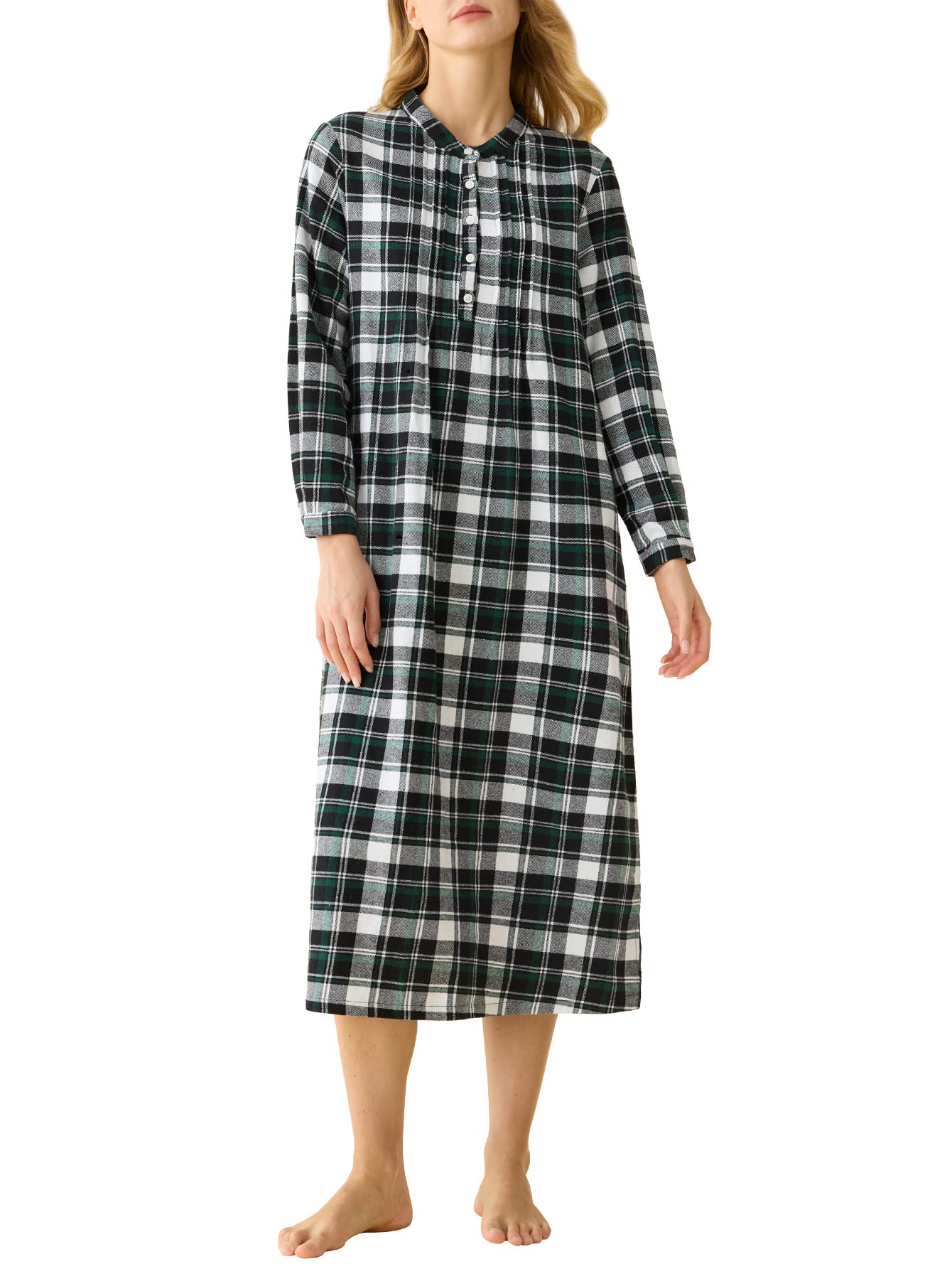 Women's Long Sleeve Cotton Plaid Flannel Nightgown with Pockets - Soft & Comfortable Sleepwear for Winter, Cozy Loungewear at Home, Perfect Gift for Mom & Wife