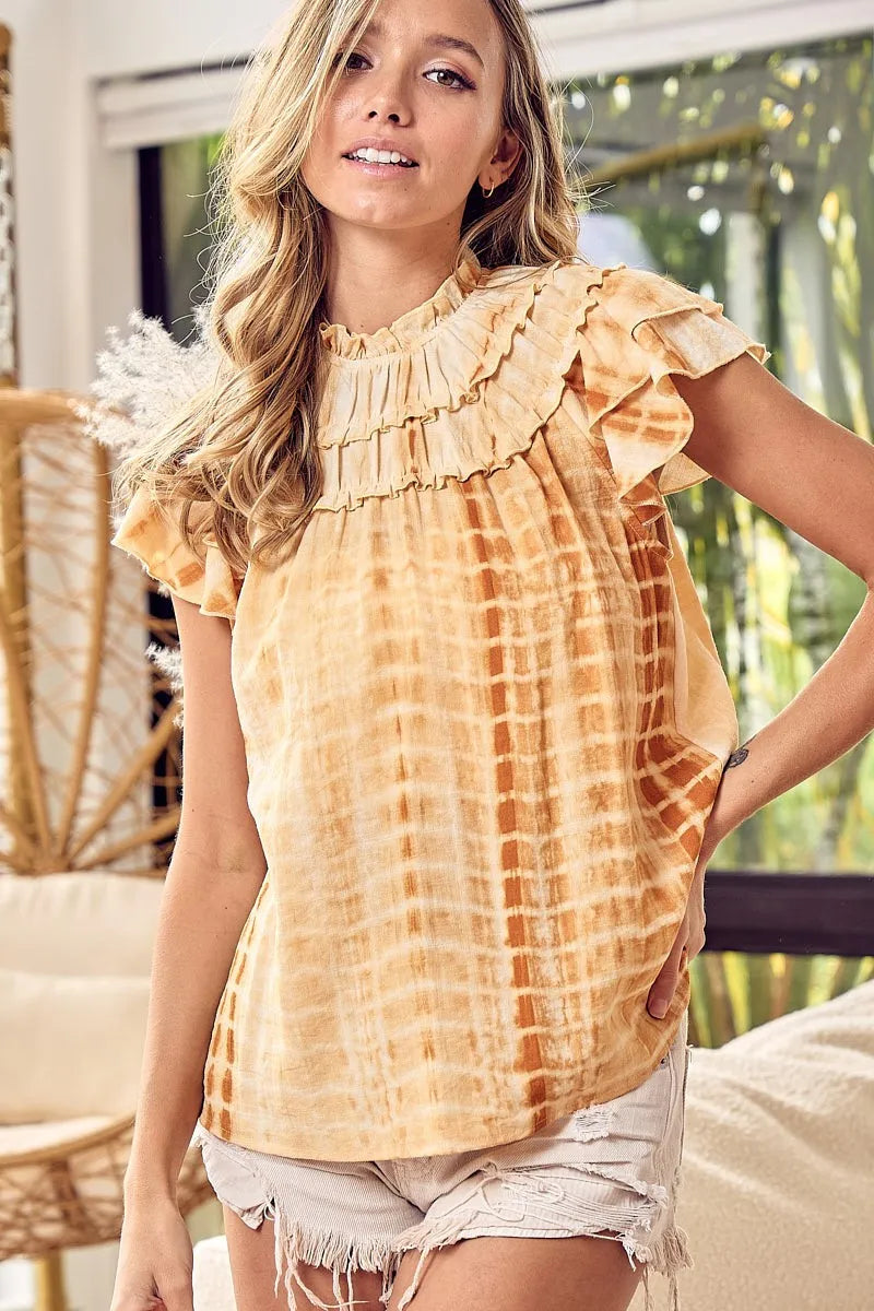 BiBi Tiered Ruffle Neck Tie Dye Tops for Women - Boho Chic Blouse with Flowy Sleeves - Perfect for Summer Outfits, Beach Vacations & Casual Date Nights