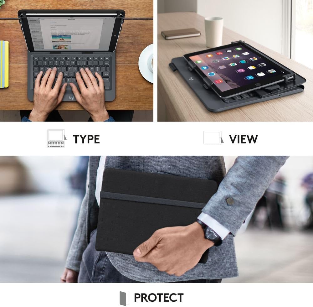 Logitech Universal Folio with Bluetooth 3.0 Keyboard - Compatible with Apple iPad, Android & Windows Tablets (9-10 inch) - Black | Open Box | Perfect for Work, Travel & Home Office Use