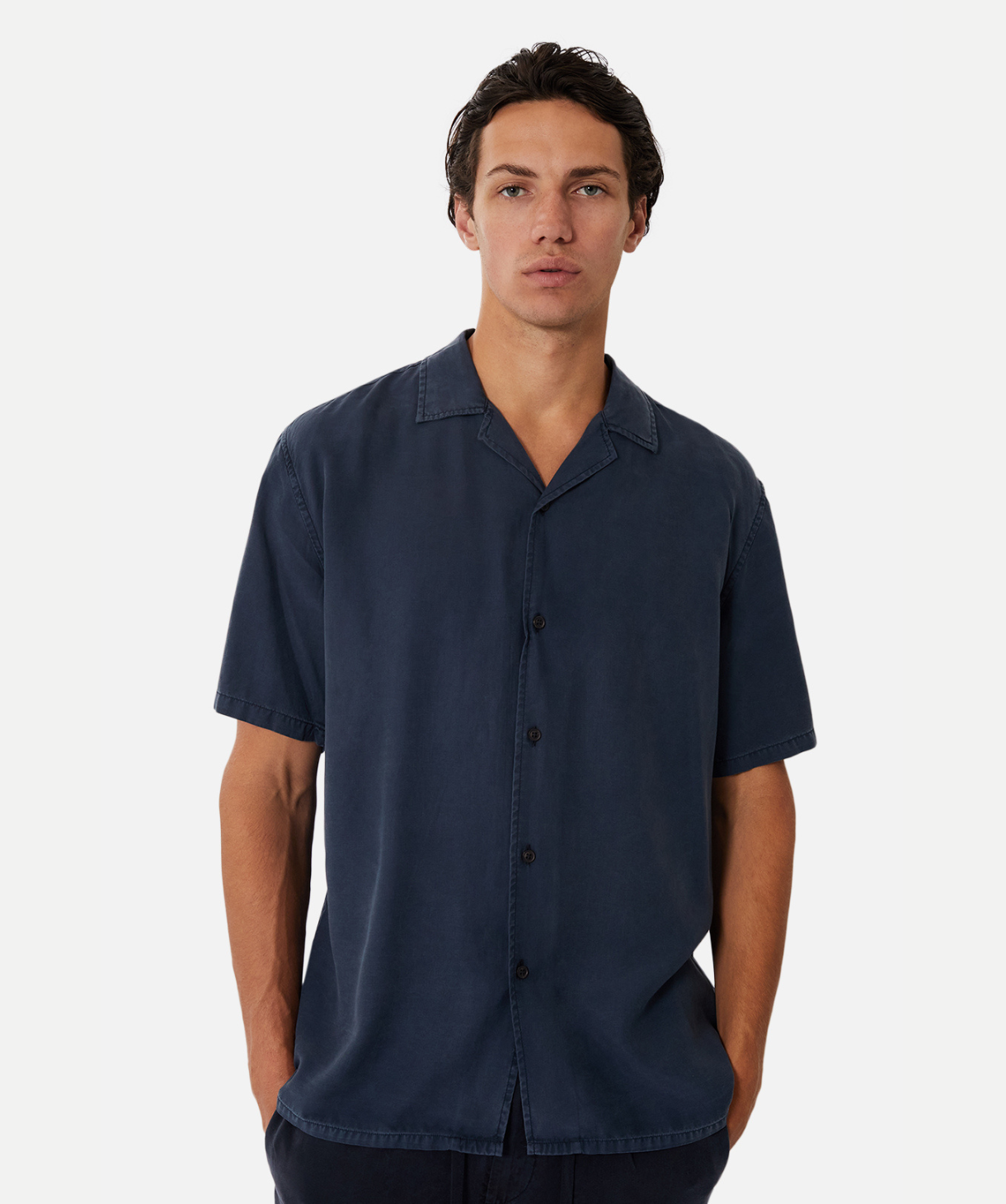 Premium Tencel Camp Collar Short Sleeve Shirt for Men - Navy Blue | Breathable & Eco-Friendly Casual Wear for Summer Outings, Beach Vacations & Outdoor Adventures