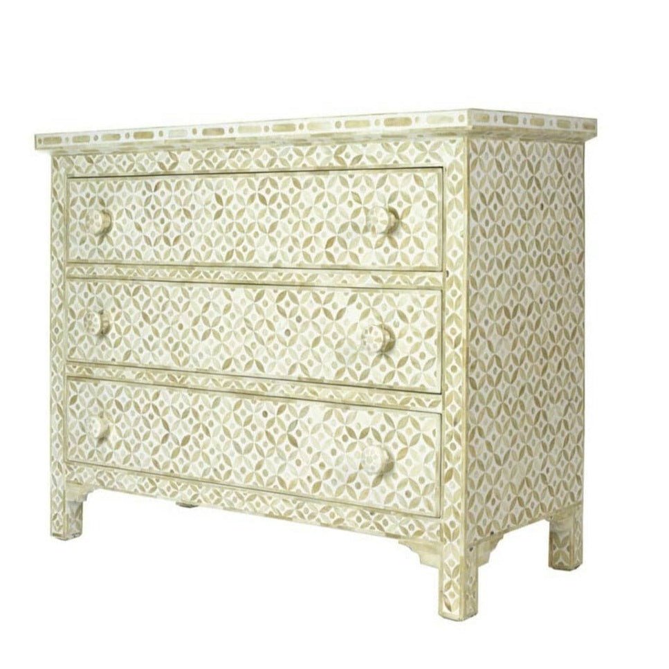 Handmade Bone Inlay White Dresser with 4 Drawers - Vintage Boho Bedroom Furniture for Storage & Home Decor