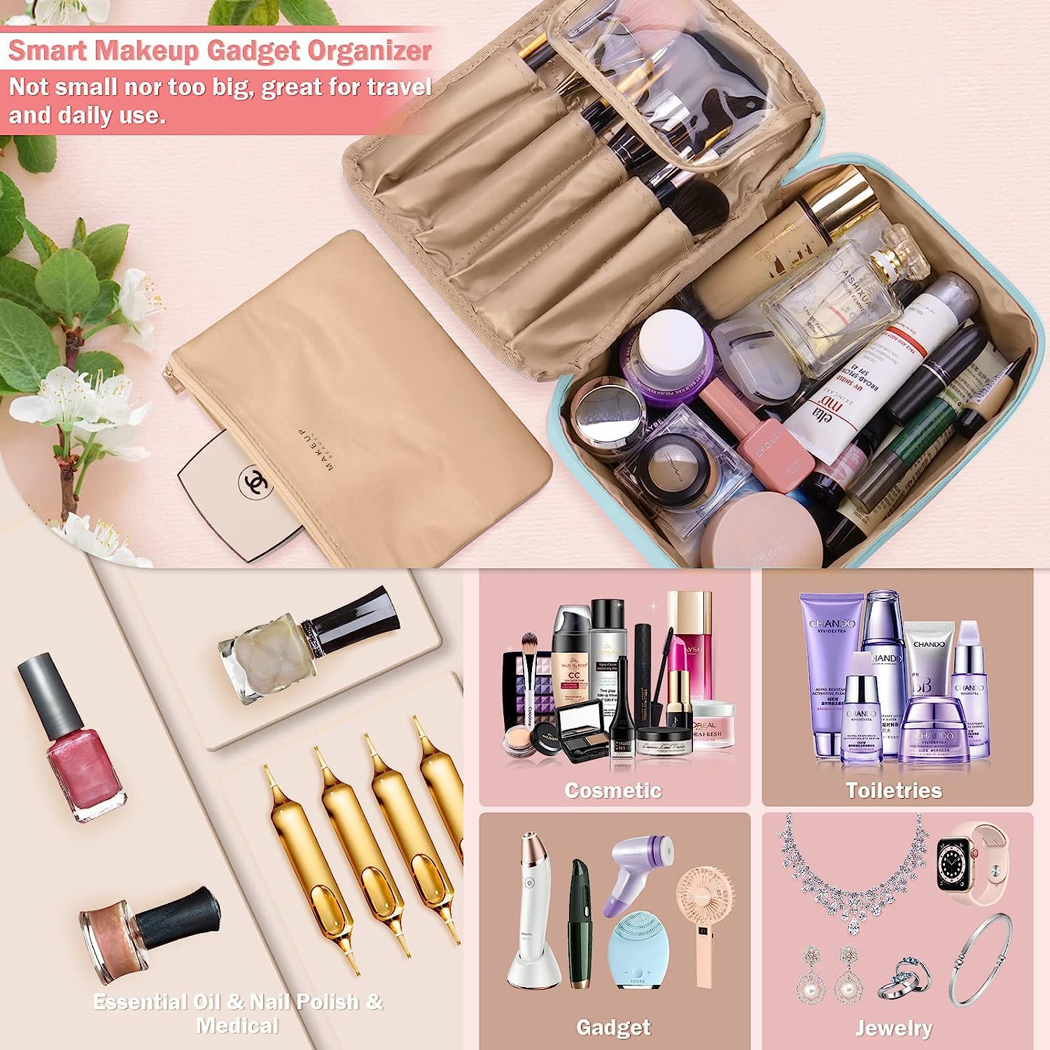 Waterproof Cute Makeup Organizer Bag with Multipocket & Detachable Zipper Pouch - Travel Cosmetic Bag with Brush Holder for Women & Girls (Blue) | Perfect for Travel, Gym, and Daily Makeup Storage