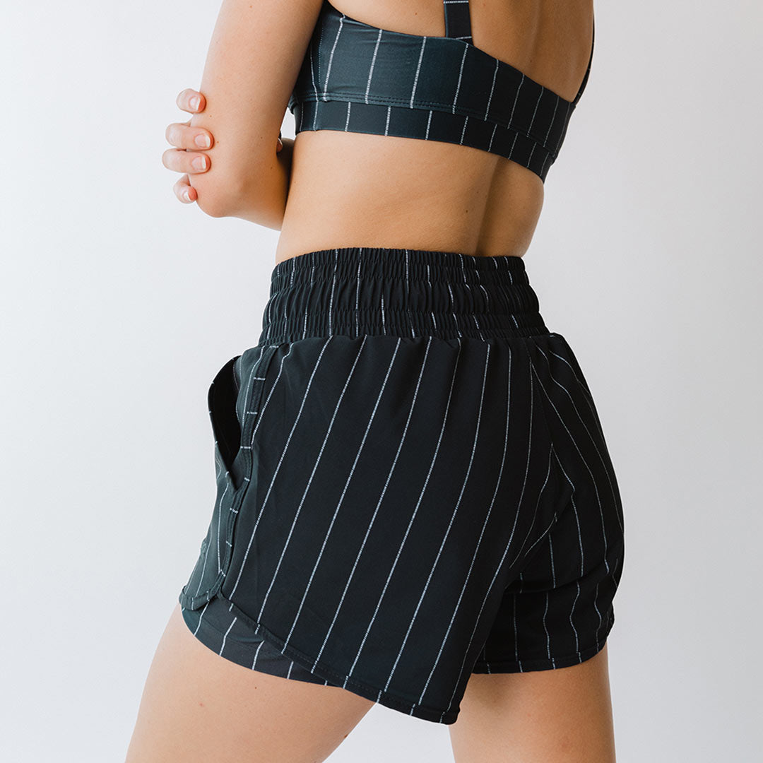 Navy Pinstripe Lunge Shorts for Women - High Waist Yoga Workout Shorts with Pockets - Perfect for Gym, Running, Yoga & Lounge Wear
