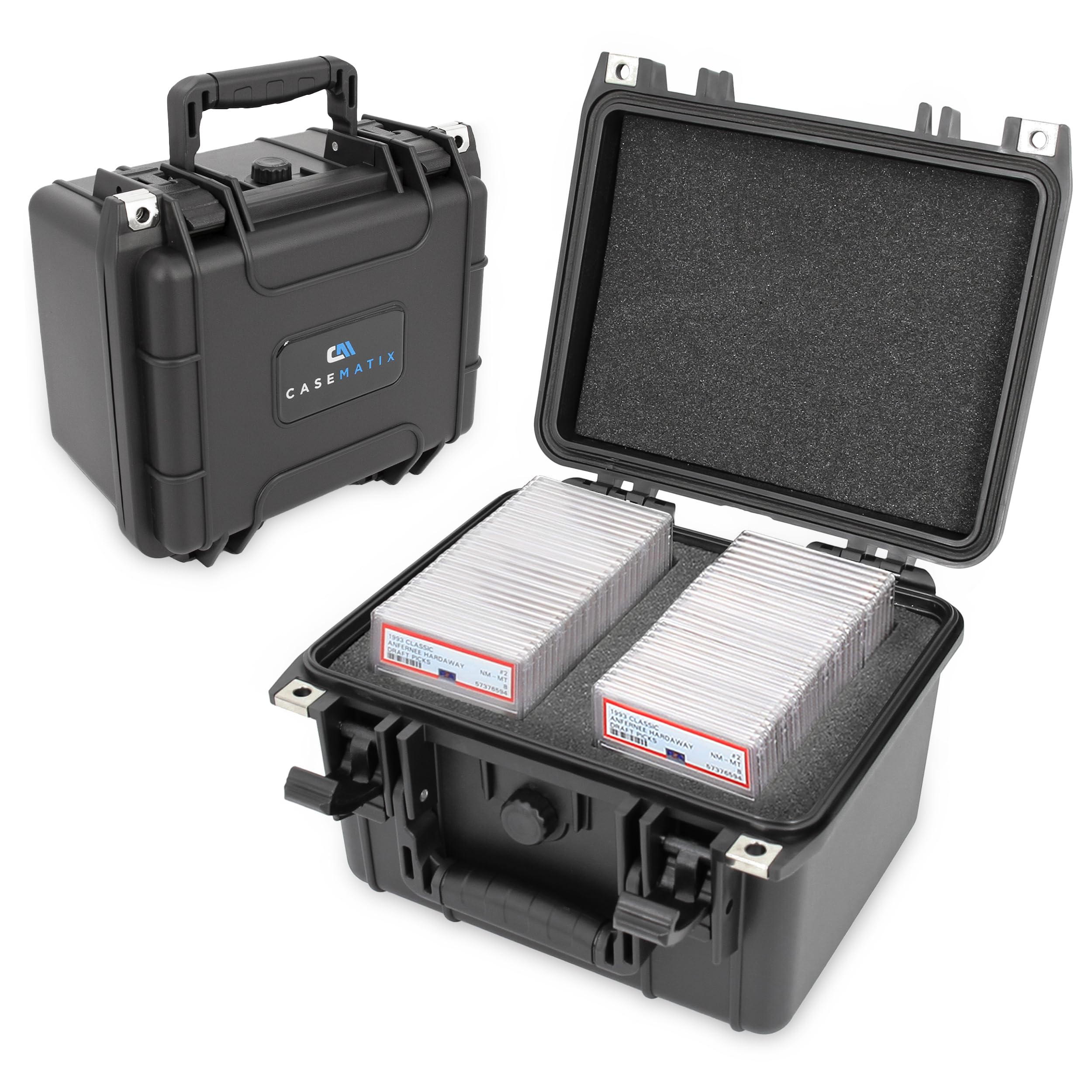 CASEMATIX Graded Card Case - Holds 40 BGS/PSA Slab Sleeves or 150 Top Loader Cards | Waterproof Trading Card Storage Box with Dividers | Portable Black Sports Card Protector | Perfect for Collectors, Card Shows & Secure Transport