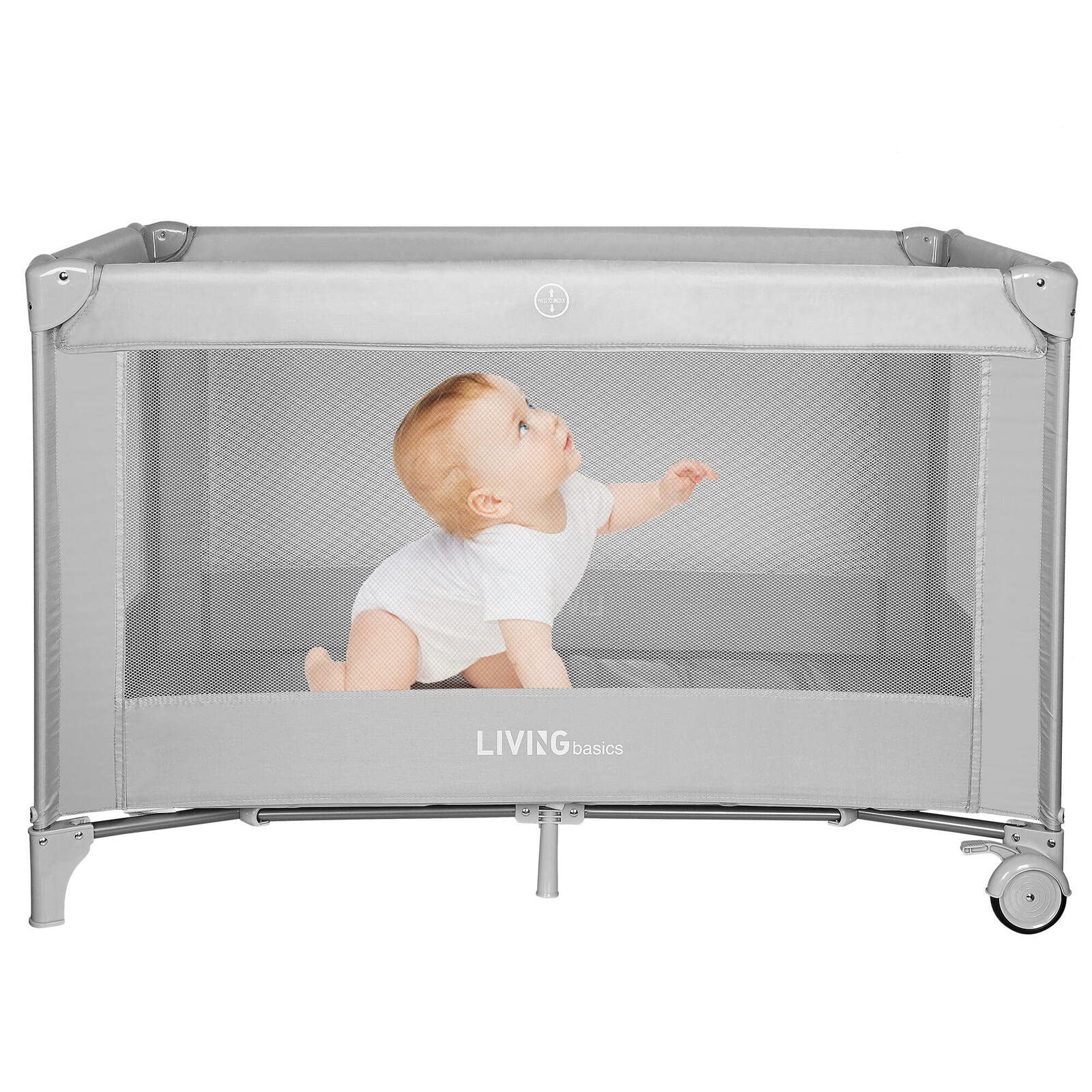 LIVINGbasics Foldable Baby Playard with Wheels - Portable Safety Playpen for Infants & Toddlers - Ideal for Home, Travel, Camping & Outdoor Activities