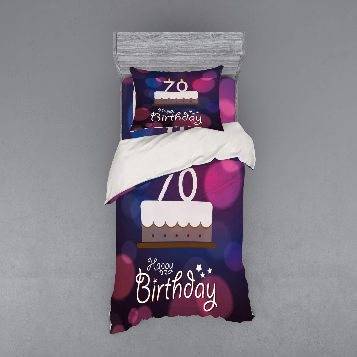Ambesonne 70th Birthday Bedding Set - Cartoon Style Birthday Party Duvet Cover with Sham & Fitted Sheet, Twin Size in Purple & Lilac - Perfect for Birthday Decorations & Guest Room Makeovers