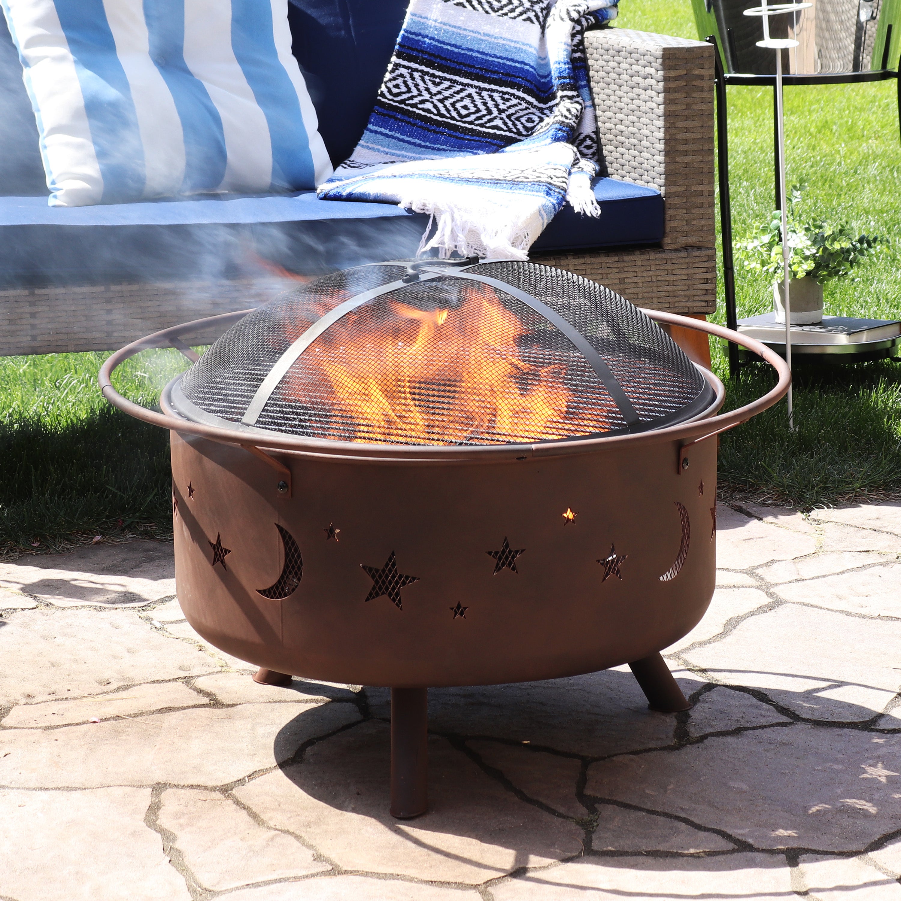 Sunnydaze 30-Inch Cosmic Cooking Fire Pit with Grill Grate & Spark Screen - Outdoor Camping, Backyard BBQ, and Patio Bonfire Cooking