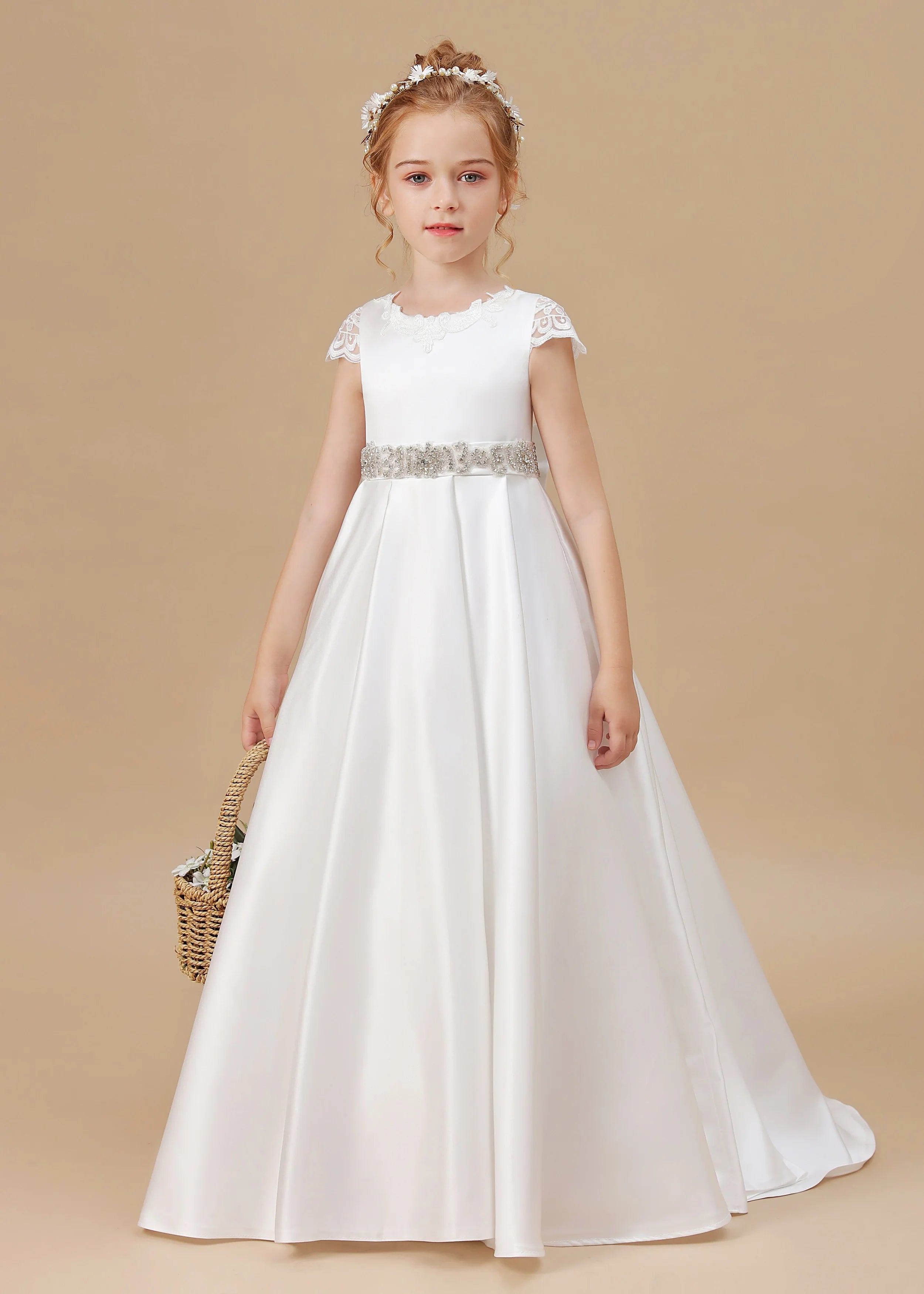 Elegant Satin Princess Flower Girl Dress for First Communion - Perfect for Weddings, Baptisms & Special Occasions
