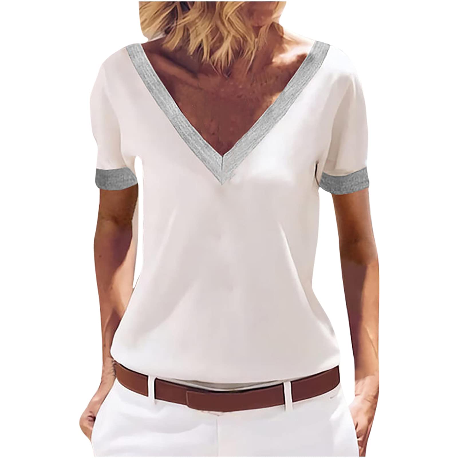 Women's V-Neck Short Sleeve T-Shirt - Basic White Cotton Summer Top for Casual Wear, Workout & Everyday Outfits | Perfect for Office, Gym & Weekend Looks