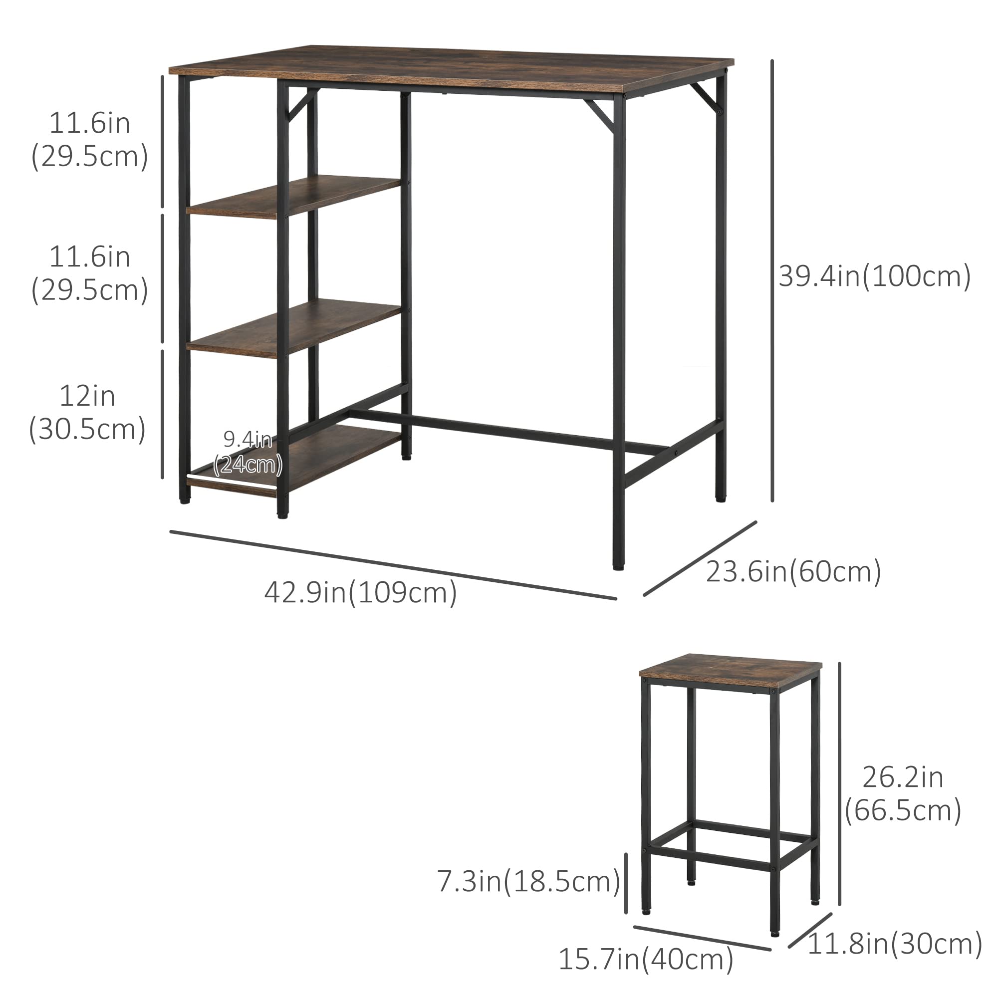 HOMCOM Industrial 3-Piece Counter Height Dining Set - Rustic Brown Bar Table with 2 Stools & Storage Shelf for Kitchen, Bistro, or Small Space
