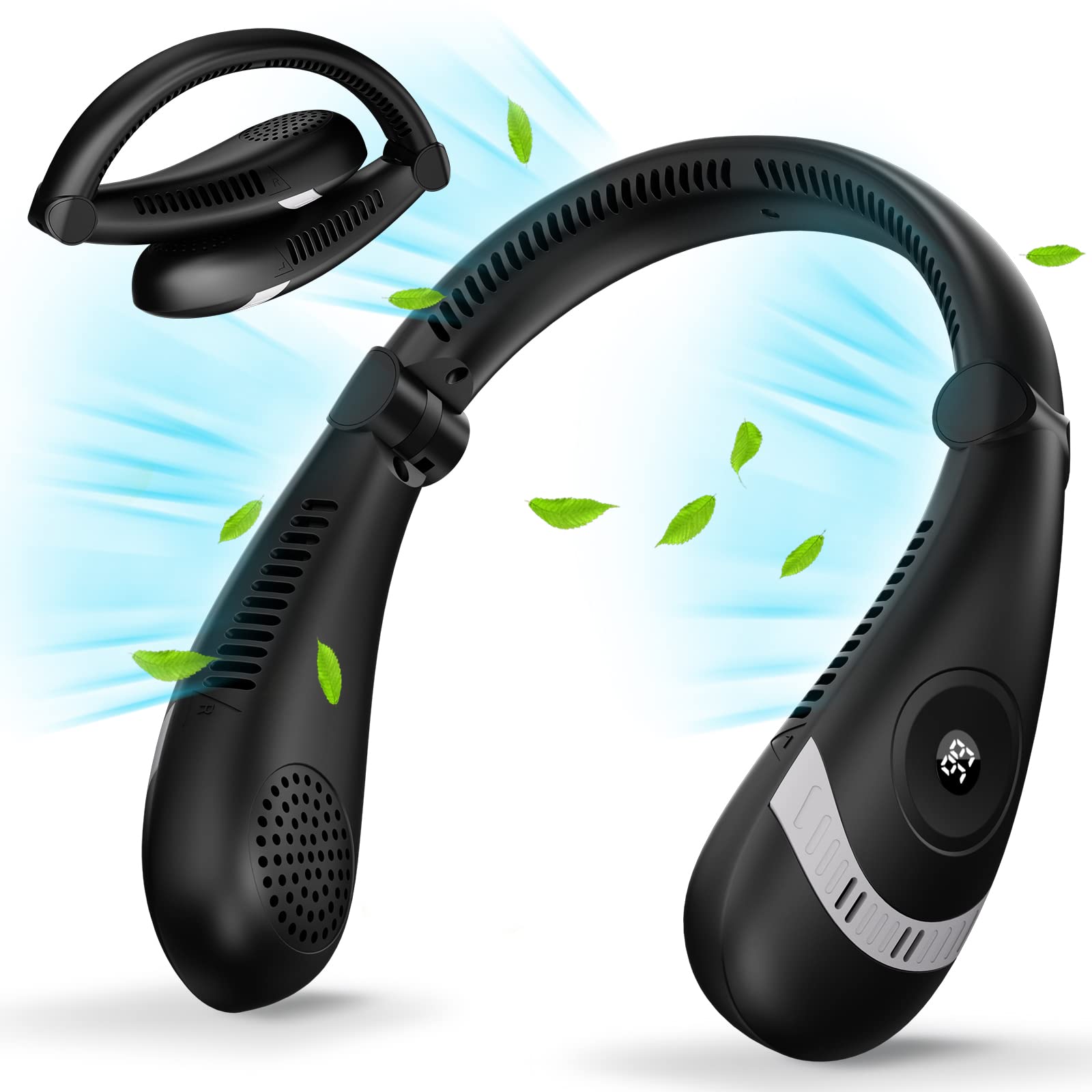 Dolond Neck Fan - Portable Foldable Bladeless Personal Fan with LED Display, 3 Speed Adjustable, USB Rechargeable Battery (Black) - Perfect for Outdoor Activities, Travel, Office & Home Use