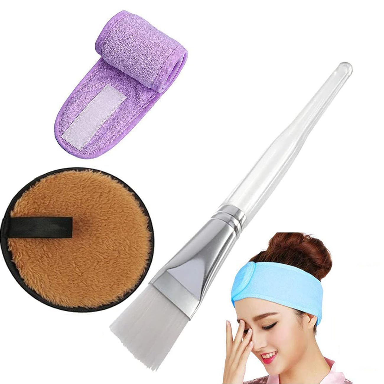 Ghelonadi Professional Facial Cleansing Sponge Set with Headband & Face Brush - Makeup Remover Tools Kit for Deep Cleansing & Skin Care (Includes Plastic Brush, Puff & Headband) - Perfect for Daily Beauty Routine & Spa Days
