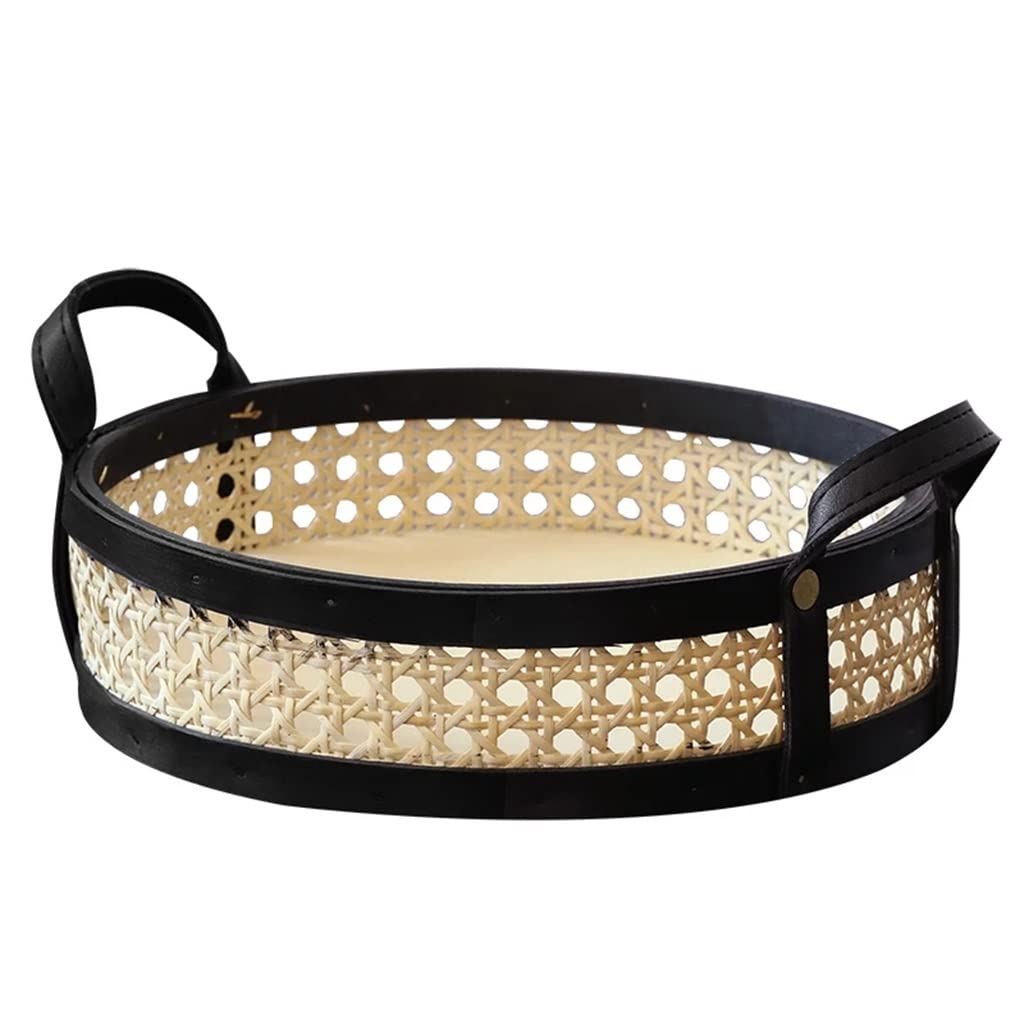 Vintage Rattan Storage Basket - Black 24x24x6.5cm - Multipurpose Organizer for Desserts, Fruits, Bread, Snacks | Perfect for Living Room, Kitchen Counter, Office Desk & Home Decor Storage Solution