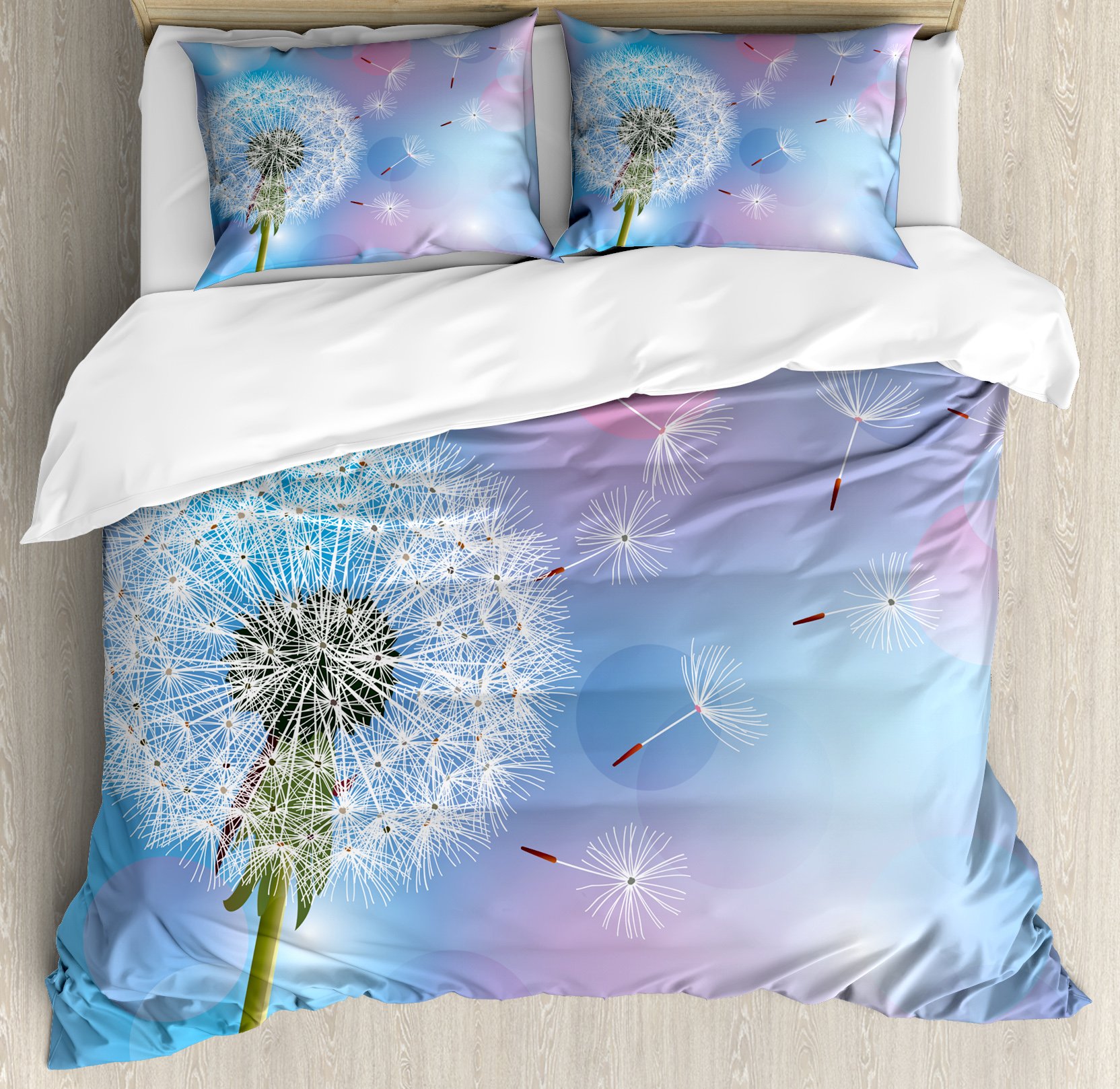 Ambesonne Dandelion Duvet Cover Set - Queen Size 3-Piece Bedding with Bokeh Flower Design in Sky Blue, Pale Pink & Green | Wind-Blown Garden Theme | Includes 2 Pillow Shams | Perfect for Spring Bedroom Decor, Guest Rooms & Boho Chic Home Styling