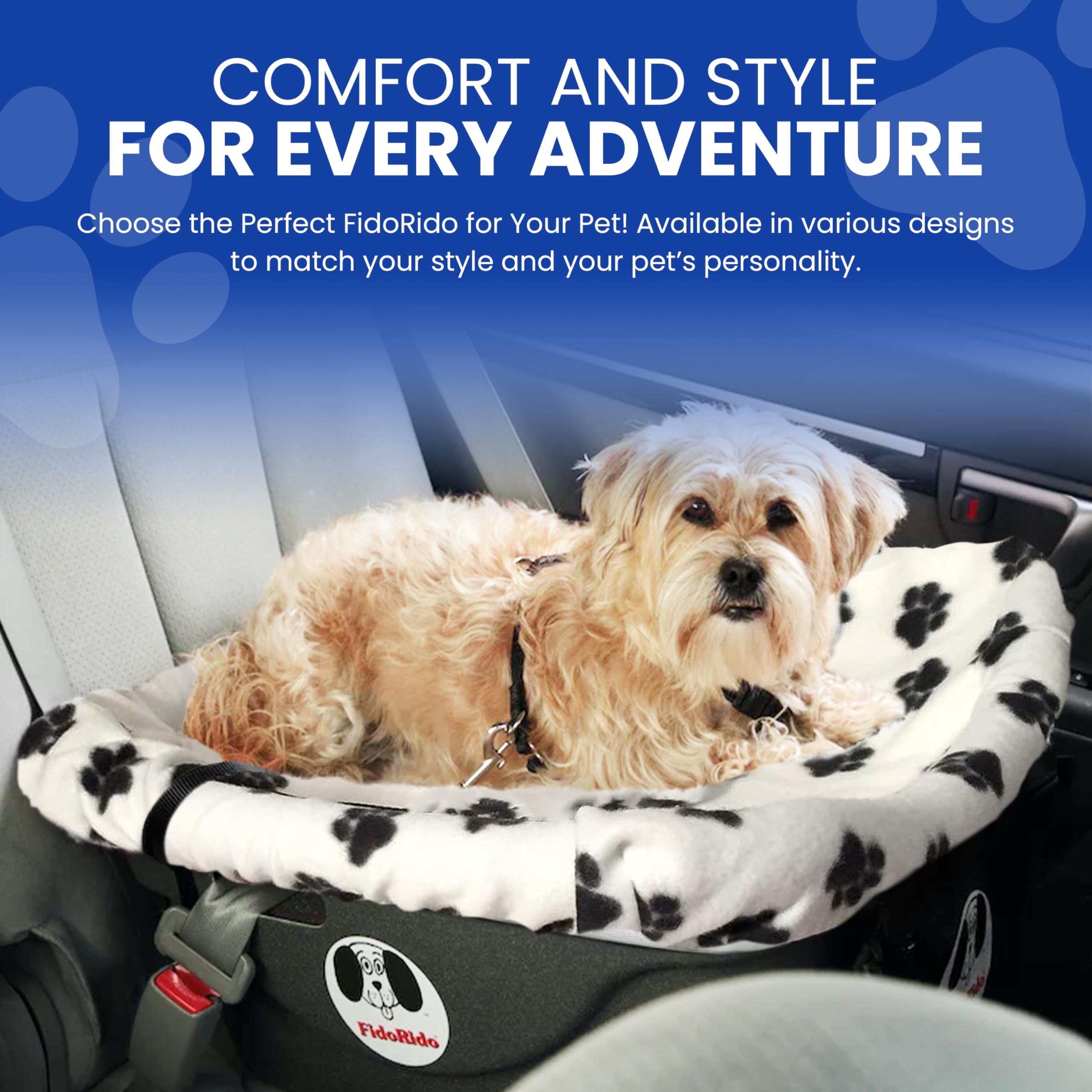 Dog Car Seat for Small to Large Dogs - Pet Booster Seat with Comfortable Cushions, Sherpa Cover & Safety Straps | Easy to Install Travel Accessory | White Black Paw Prints Design | Perfect for Road Trips & Vet Visits