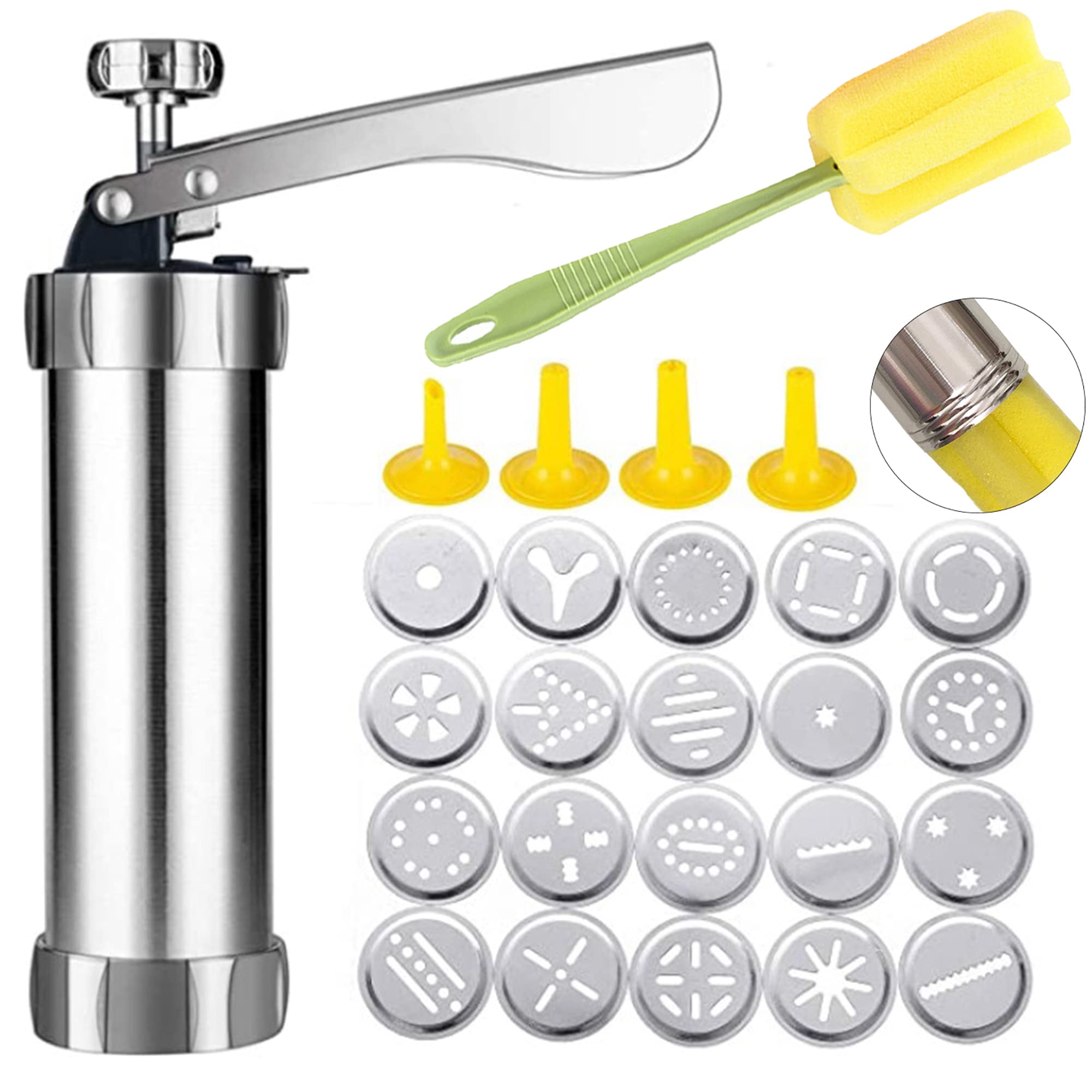 Stainless Steel Cookie Press Gun Kit with 20 Discs & 4 Nozzles - Spritz Biscuit Maker for DIY Cookies, Churros | Perfect for Holiday Baking, Party Treats & Home Dessert Making