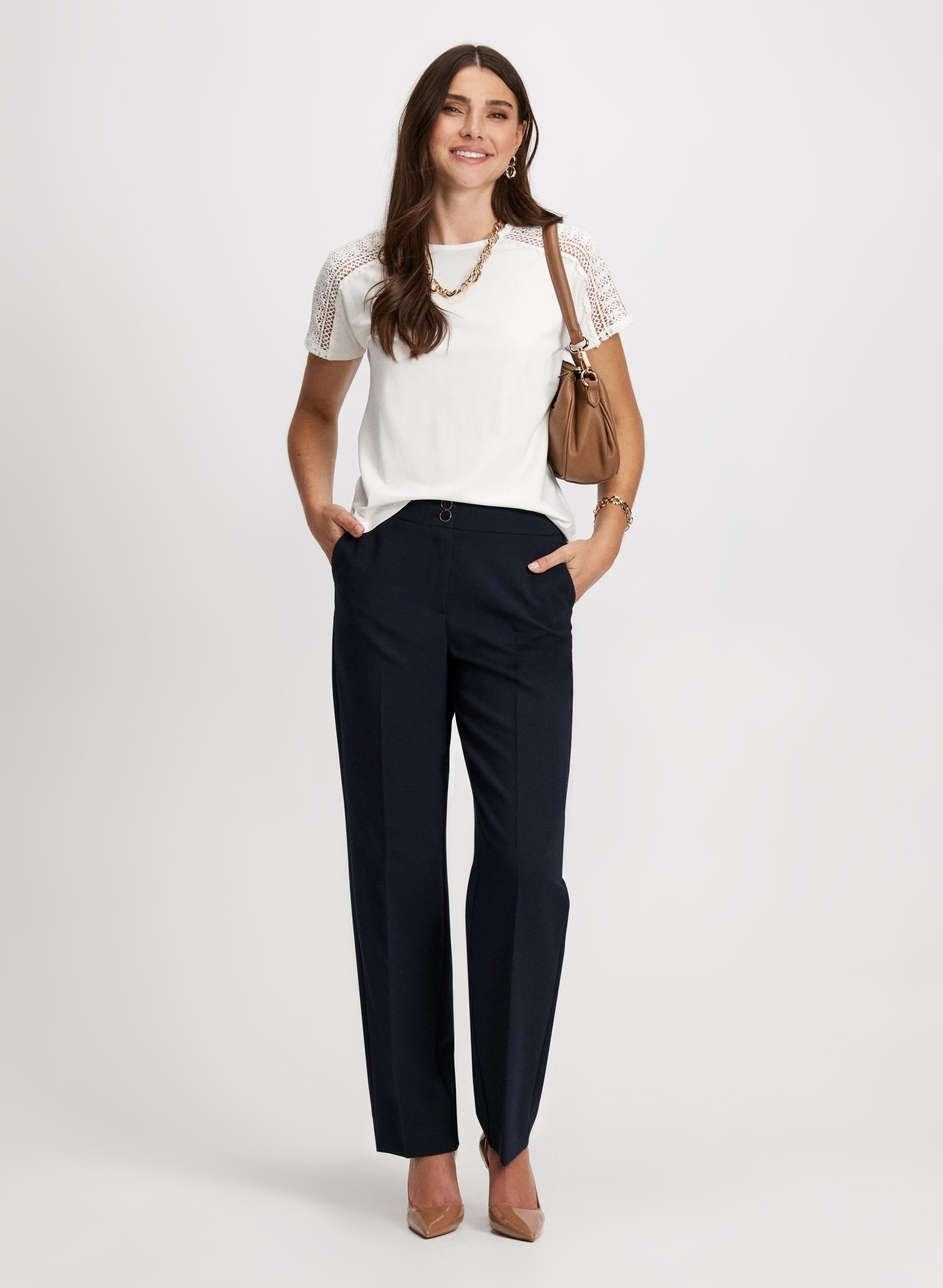 Stylish Embellished Slogan T-Shirt & Comfortable Straight Leg Pants Set - Perfect for Casual Outings, Workwear and Everyday Fashion