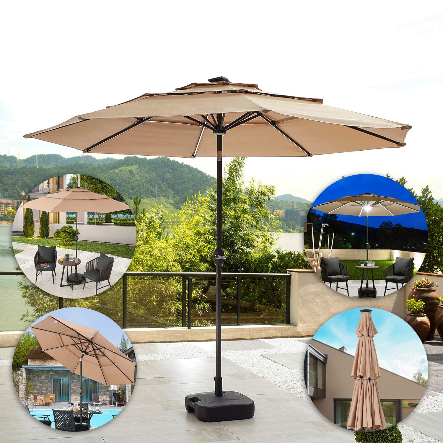 Outdoor 3-Tier Aluminum Market Umbrella with Push Button Tilt & Easy Crank - 9.8FT Patio Umbrella with 8 Solar LED Lights - All-Weather Khaki Umbrella for Backyard, Poolside & Outdoor Dining