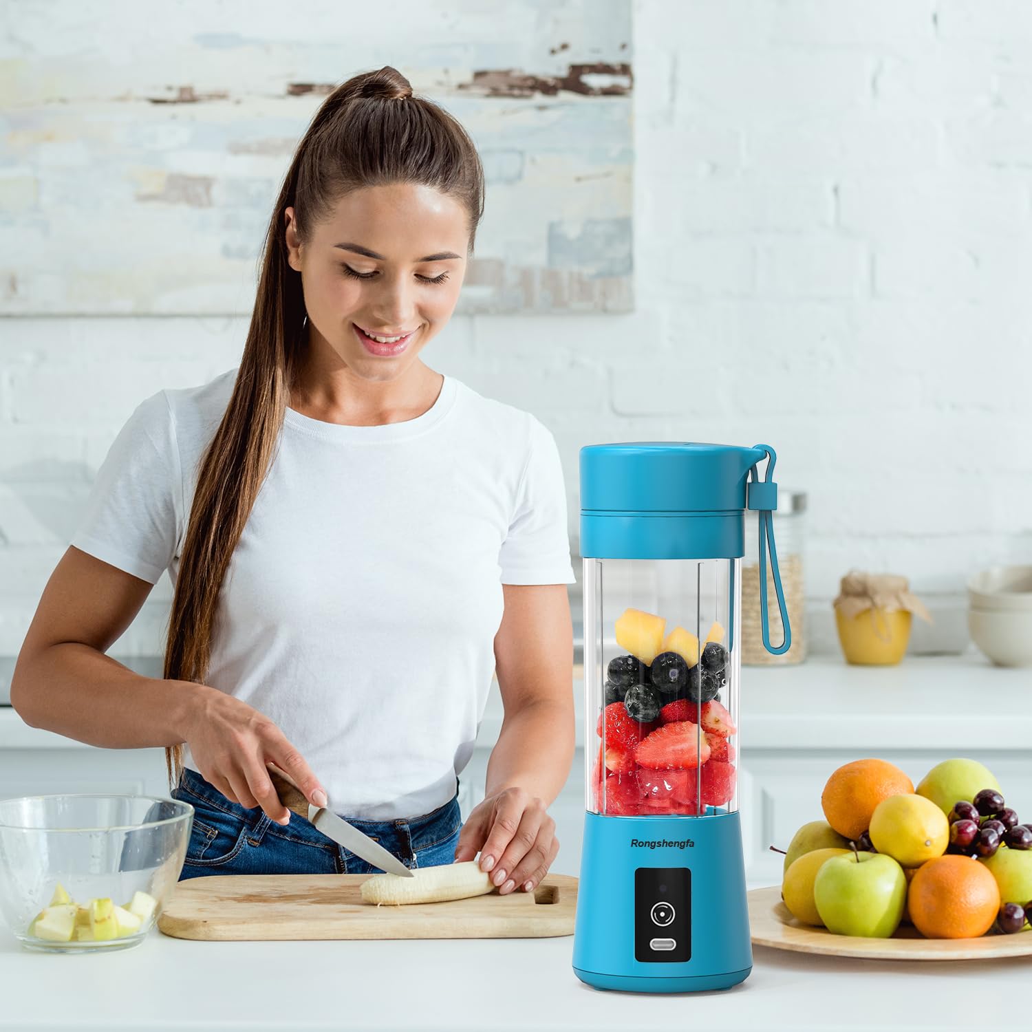 Portable USB-C Rechargeable Personal Blender - Mini Electric Blender Cup for Smoothies, Protein Shakes & Juices | Cordless Travel Blender for Gym, Office & Outdoor Use (Blue)