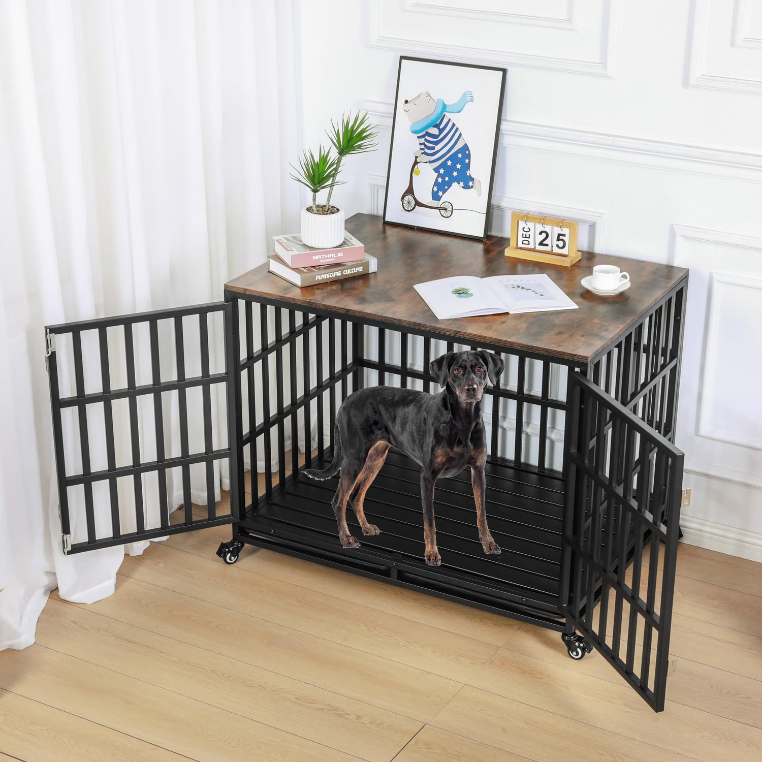 **Heavy Duty Dog Crate Furniture - Indestructible Escape-Proof Cage for Medium & Large Dogs - High Anxiety Kennel with Wheels & Trays - 42