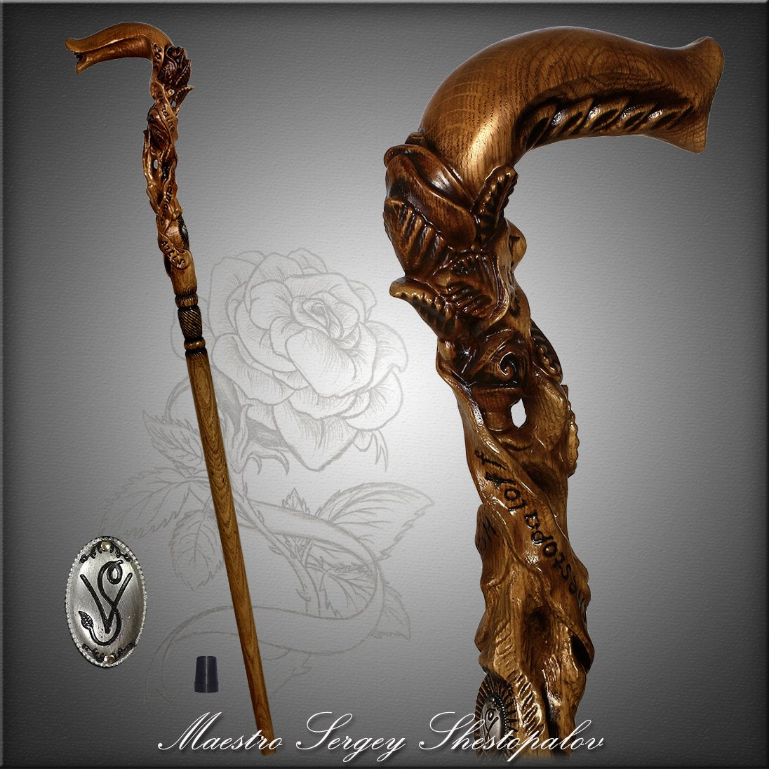 Hand Carved Wooden Walking Cane - Artisan Crafted Rose Design for Seniors & Mobility Support | Perfect Gift for Elderly, Outdoor Walks & Home Decor