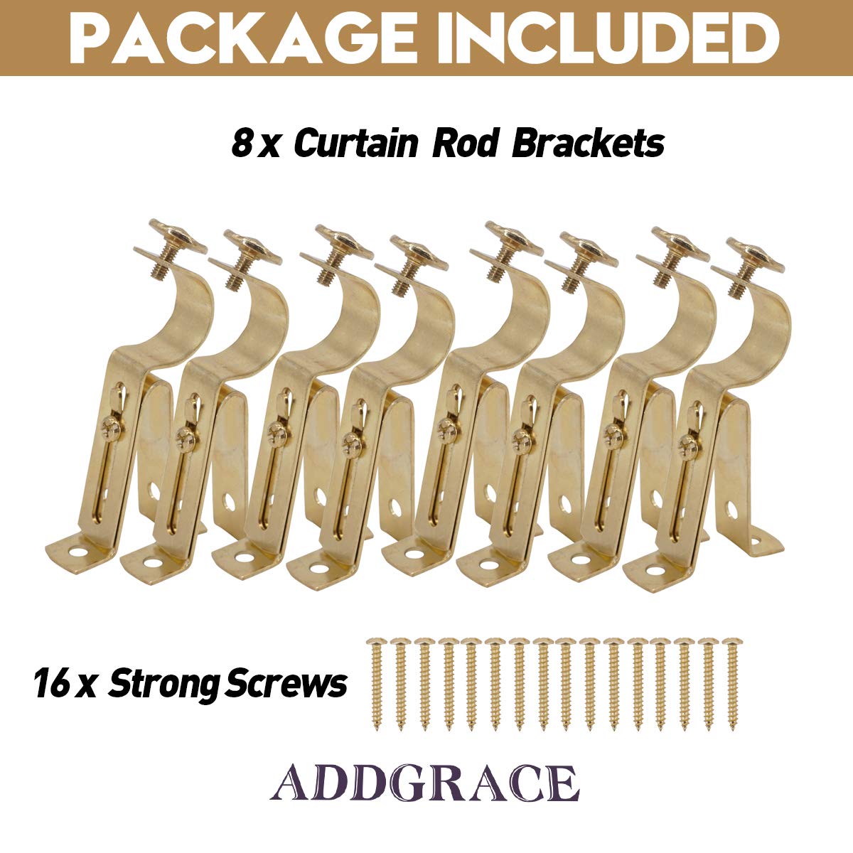 AddGrace 8 Pack Adjustable Single Curtain Rod Brackets - Gold Finish for 3/4
