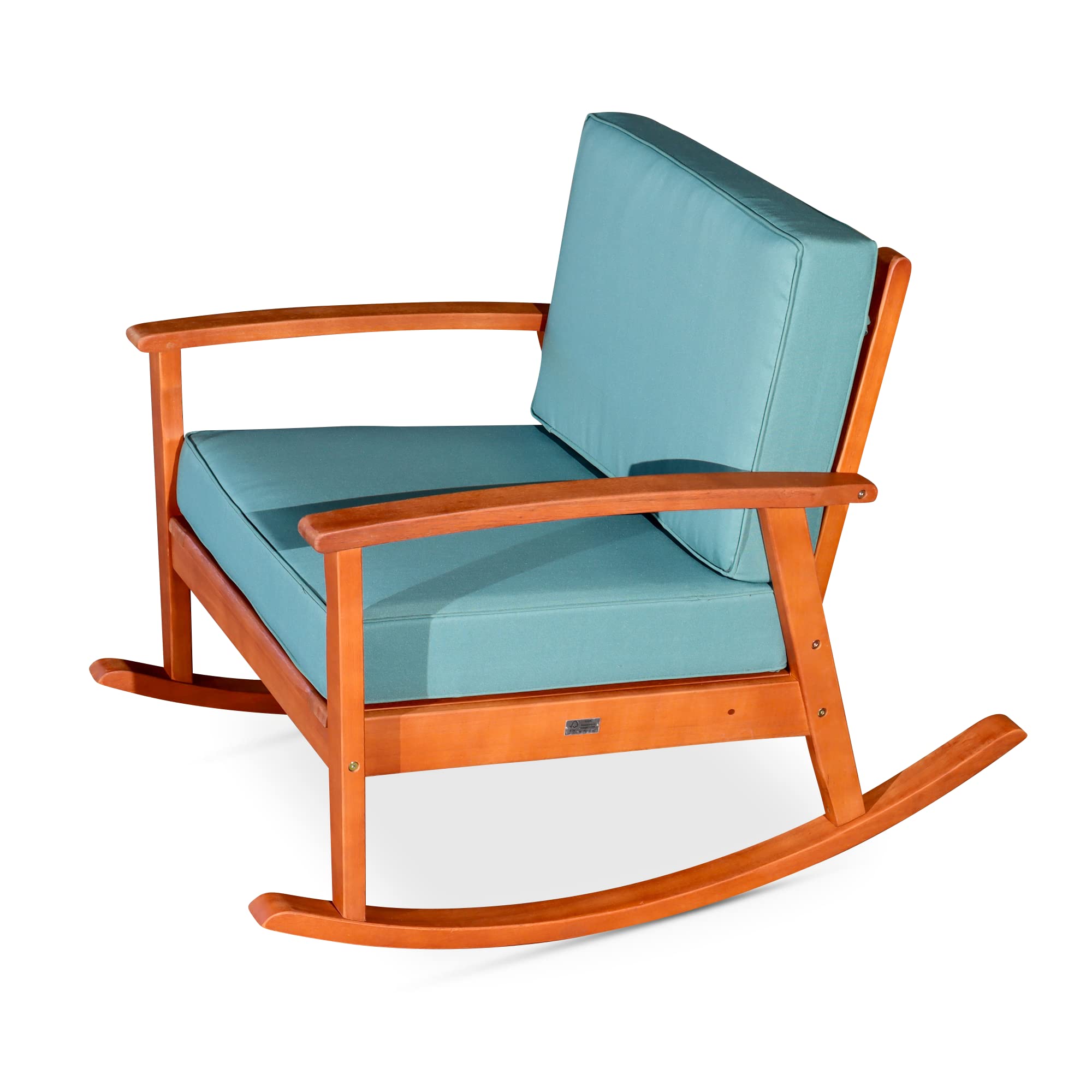 DTY Outdoor Living Longs Peak Deep Seat Eucalyptus Rocker - Natural Oil Finish, Sage Cushions | Patio Rocking Chair for Porch, Garden & Backyard Relaxation
