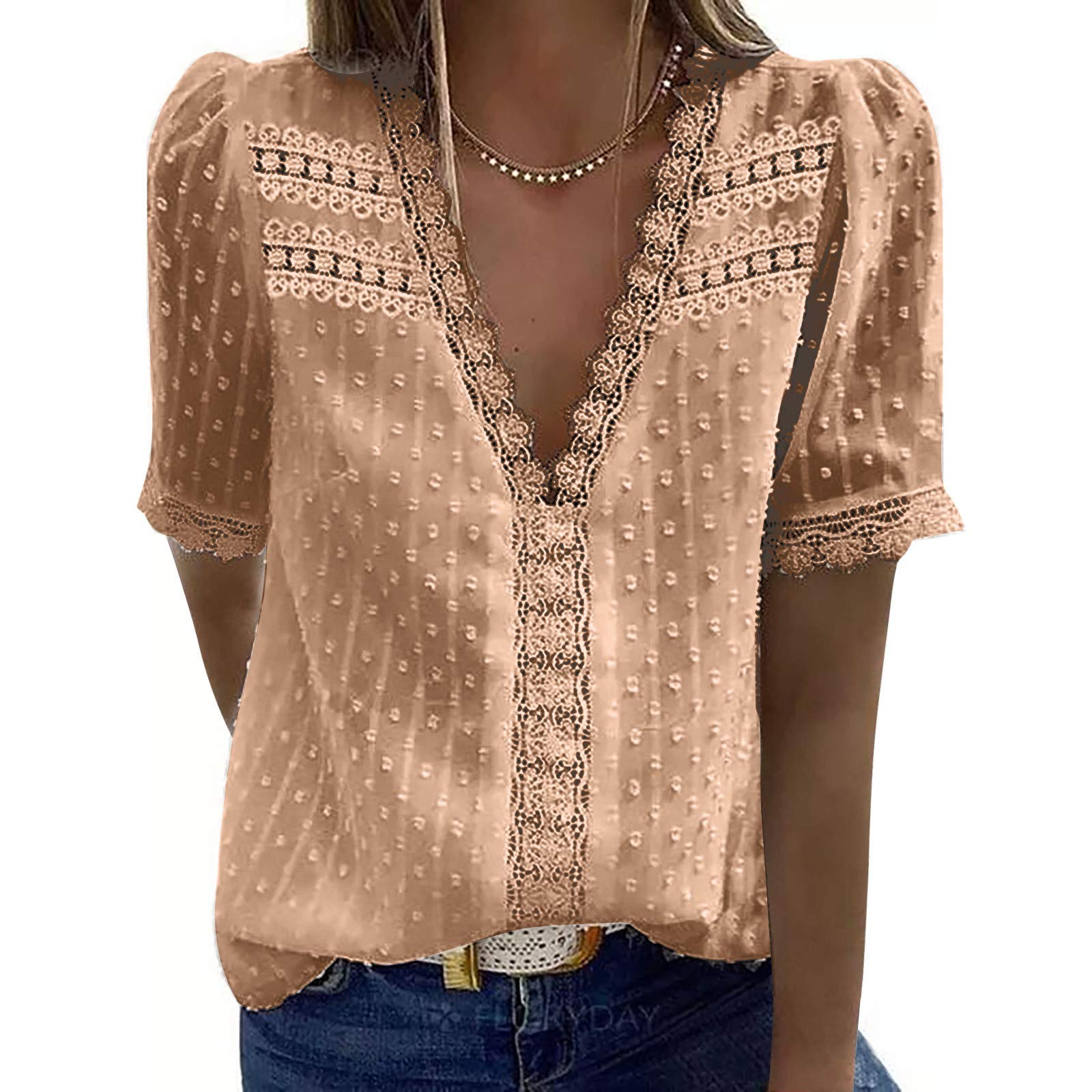 BISXOTY Women's V Neck T-Shirts - Retro Lace Splicing Dressy Tunic Tops Short Sleeve Blouses for Casual Wear, Office & Date Night Outfits