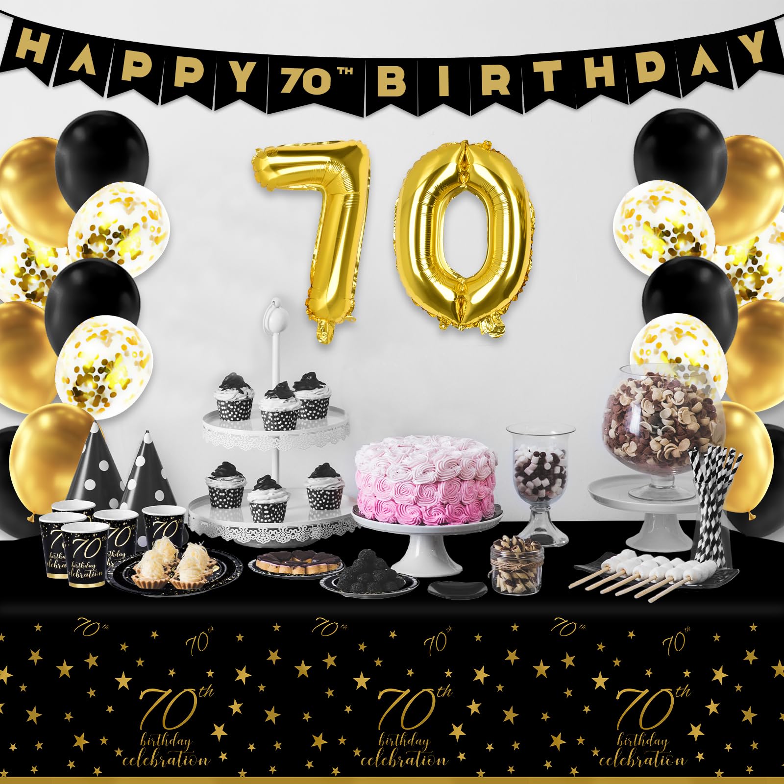 Gatherfun 70th Birthday Party Supplies Set - 25-Pack Disposable Paper Plates, Napkins, Cups, Cutlery & Tablecloth with Black & Gold Number 70 Balloons & Banner - Elegant 70th Birthday Decorations for Men & Women - Perfect for Milestone Celebrations & Retirement Parties
