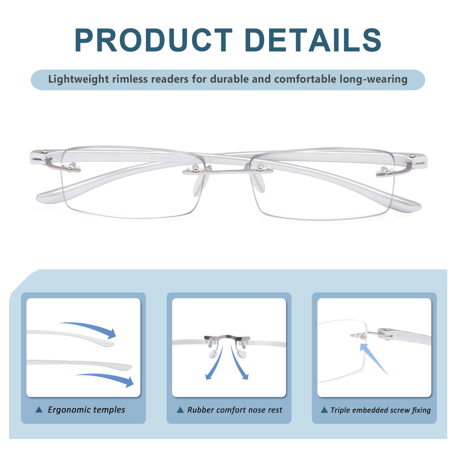 BLUELESS Rimless Reading Glasses for Men & Women - Lightweight Small Frame Readers with Spring Hinges (Silver) - Perfect for Reading Books, Using Smartphones & Working on Computers