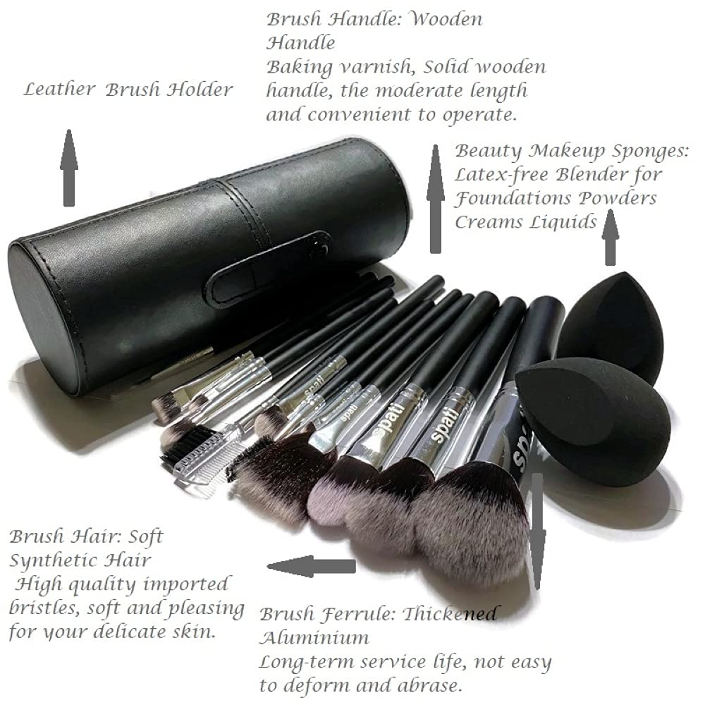 SPATI 12-Piece Professional Makeup Brush Set for Foundation, Eyeshadow & Blush - Includes PU Leather Travel Case | Perfect for Home, Salon & On-The-Go Makeup Application