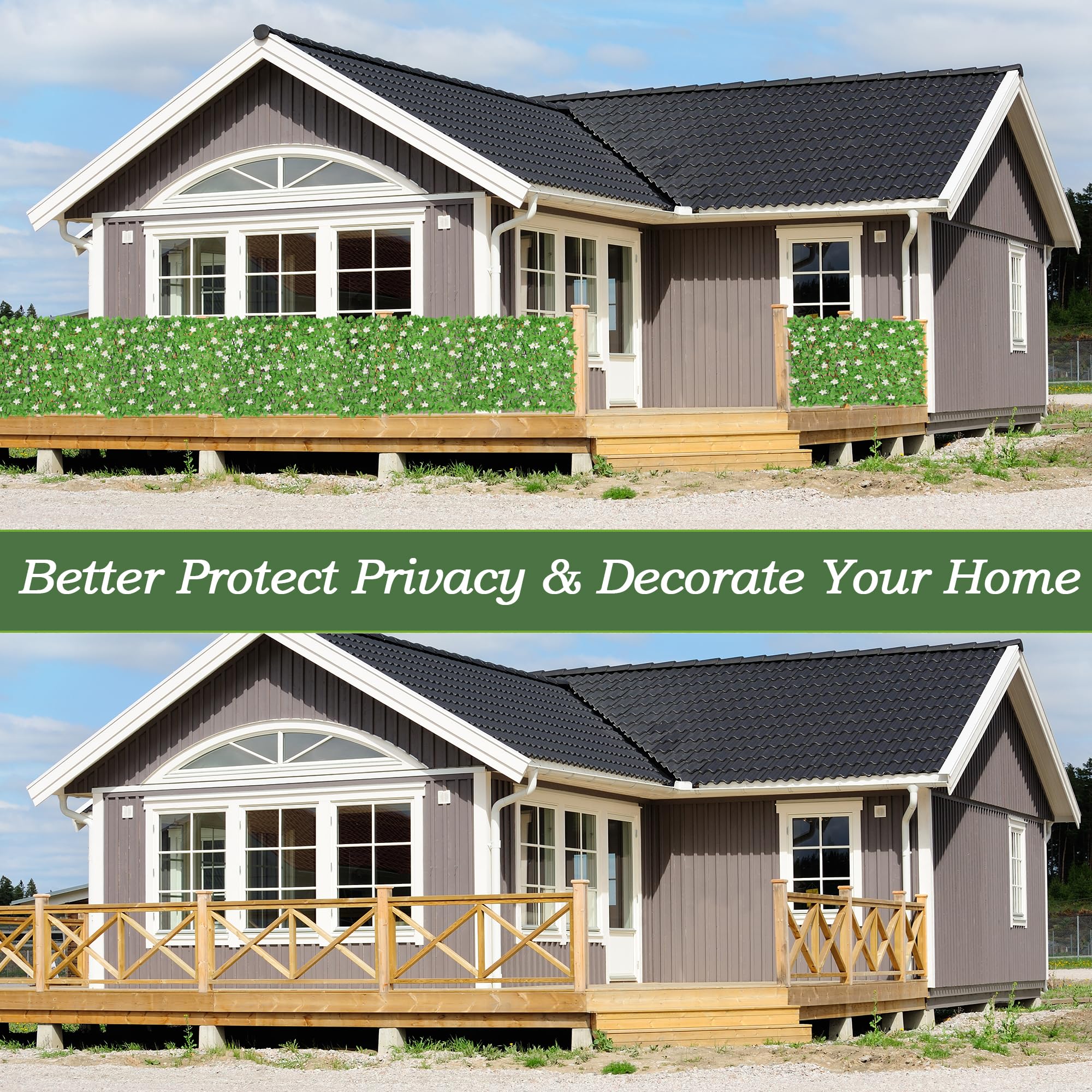 4 Pack Expandable Fence Privacy Screen - Decorative Artificial Ivy Greenery Fencing Panel for Balcony, Patio & Outdoor Spaces - UV Resistant Faux Hedges with White Flowers (Single Sided Leaves) - Perfect for Backyard Privacy, Deck Screening & Garden Decor
